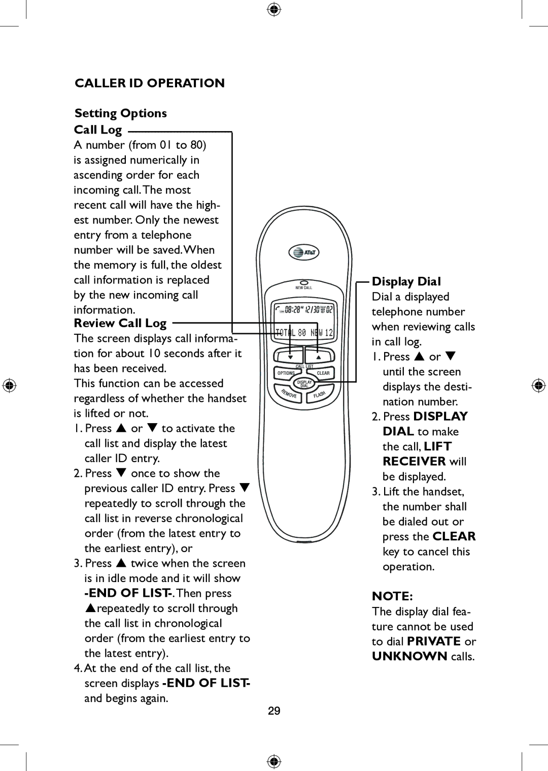 AT&T 265 Setting Options Call Log, Display Dial, Review Call Log, Receiver will, END of LIST-.Then press, Unknown calls 