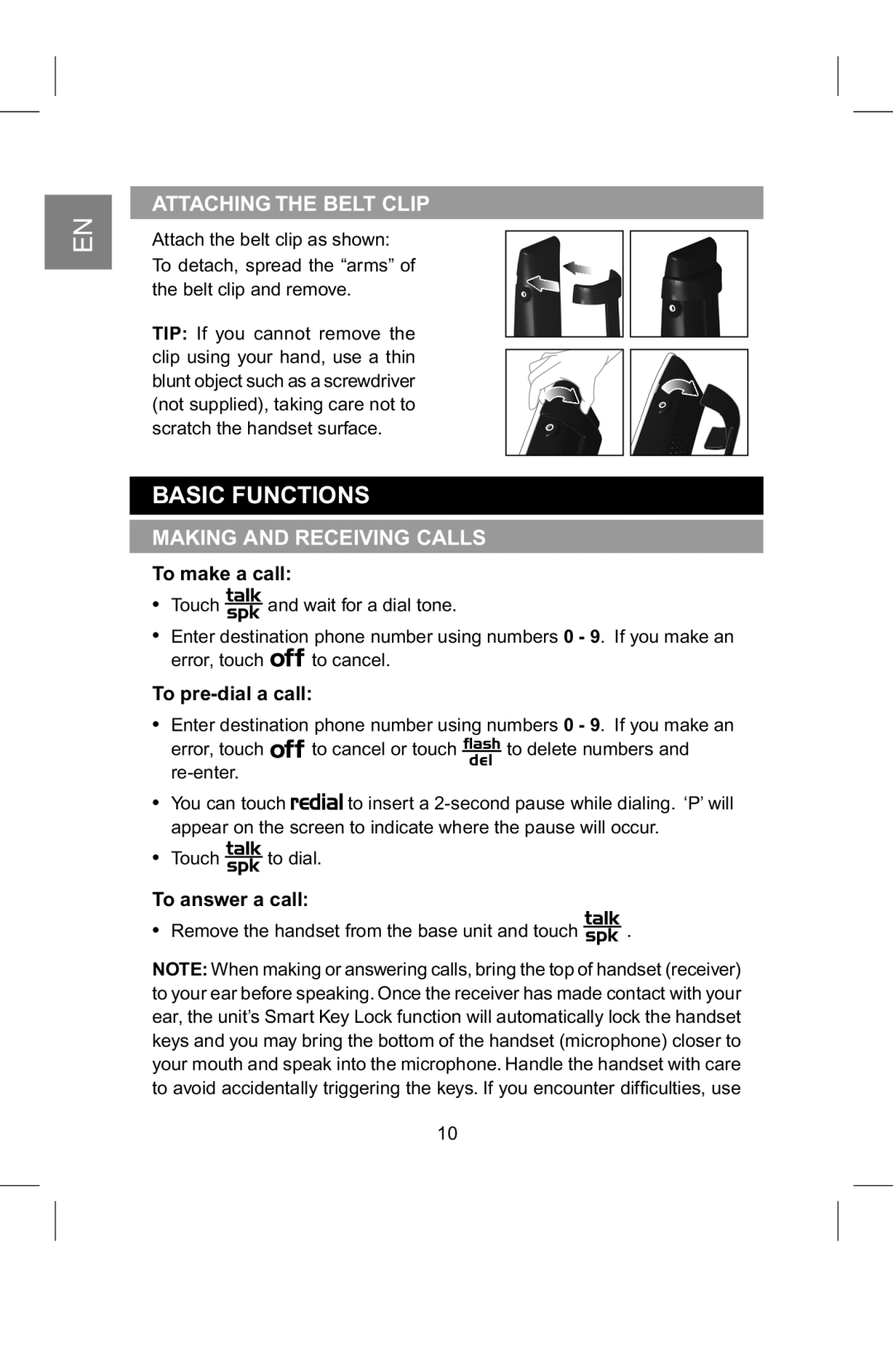 AT&T 2820 manual Basic Functions, Attaching the Belt Clip, Making and Receiving Calls 