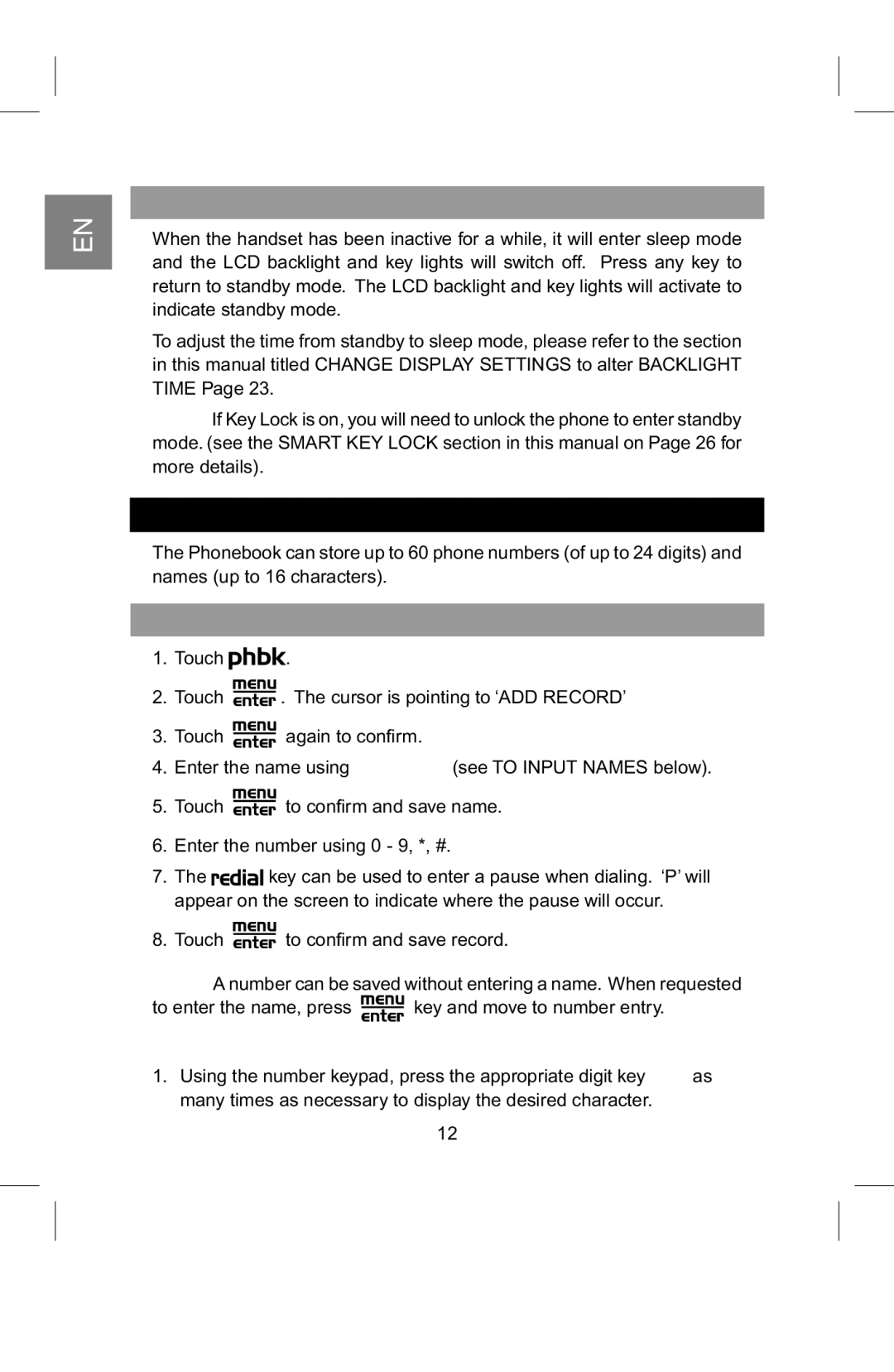 AT&T 2820 manual Standby Mode and Sleep Mode, Storing Phonebook Record, To input names 