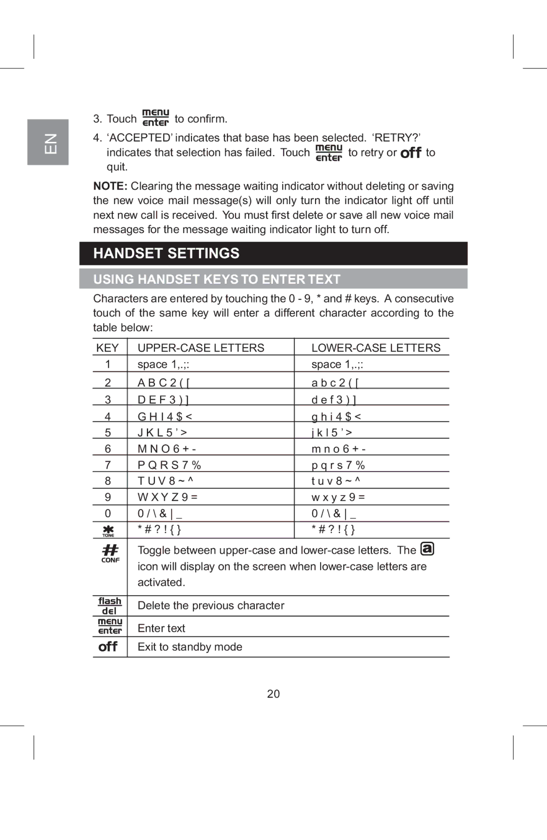 AT&T 2820 manual Handset Settings, Using Handset Keys to Enter Text, KEY UPPER-CASE Letters LOWER-CASE Letters 