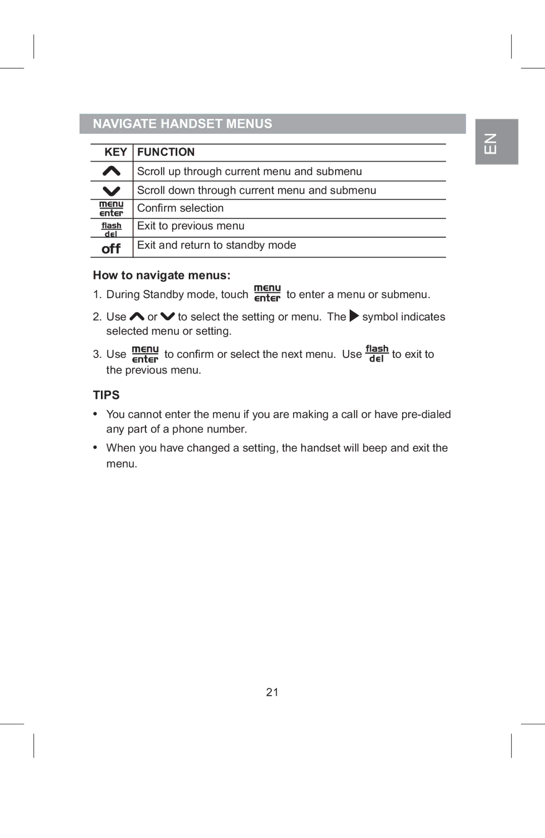 AT&T 2820 manual Navigate Handset Menus, How to navigate menus, KEY Function 