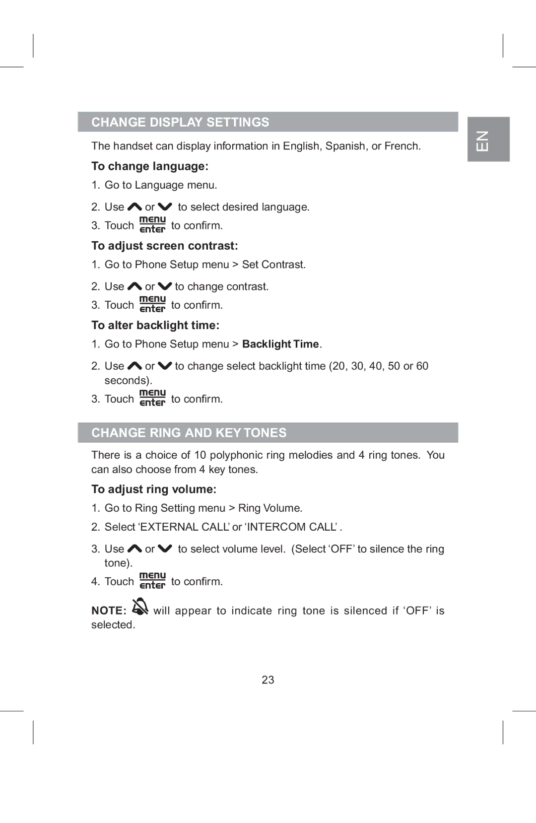 AT&T 2820 manual Change Display Settings, Change Ring and KEY Tones 