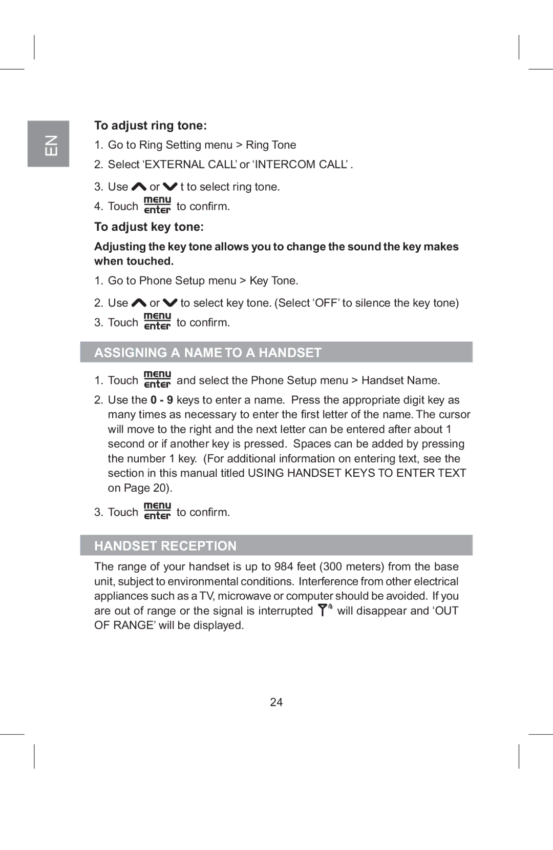 AT&T 2820 manual Assigning a Name to a Handset, Handset Reception, To adjust ring tone, To adjust key tone 