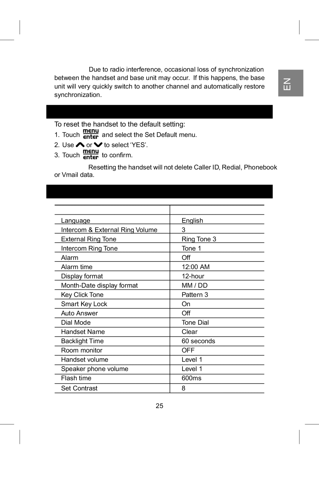 AT&T 2820 manual Reset, Default Settings, Setting Default Value, Mm / Dd, Off 