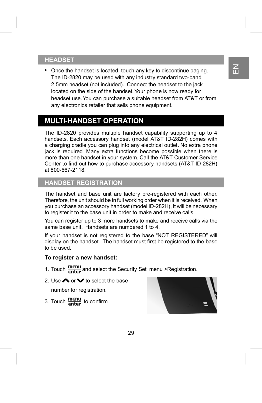 AT&T 2820 manual MULTI-HANDSET Operation, Headset, Handset Registration, To register a new handset 