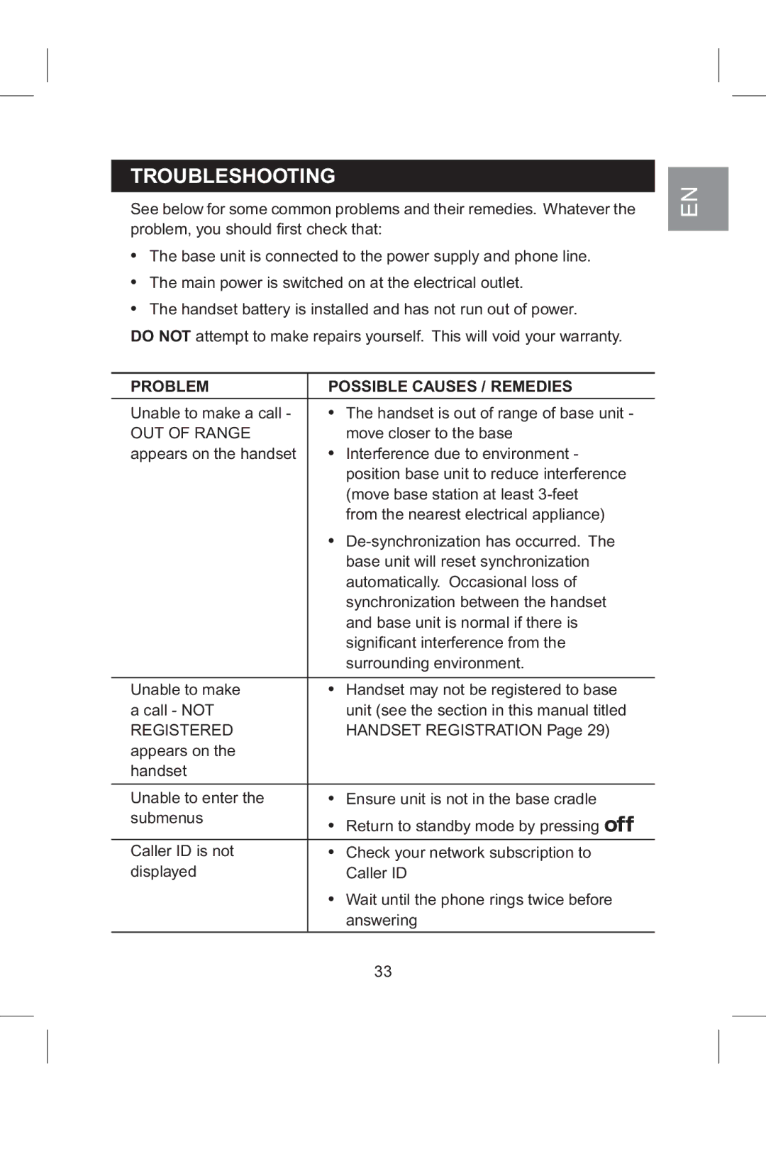 AT&T 2820 manual Troubleshooting, Problem Possible Causes / Remedies, OUT of Range, Registered 