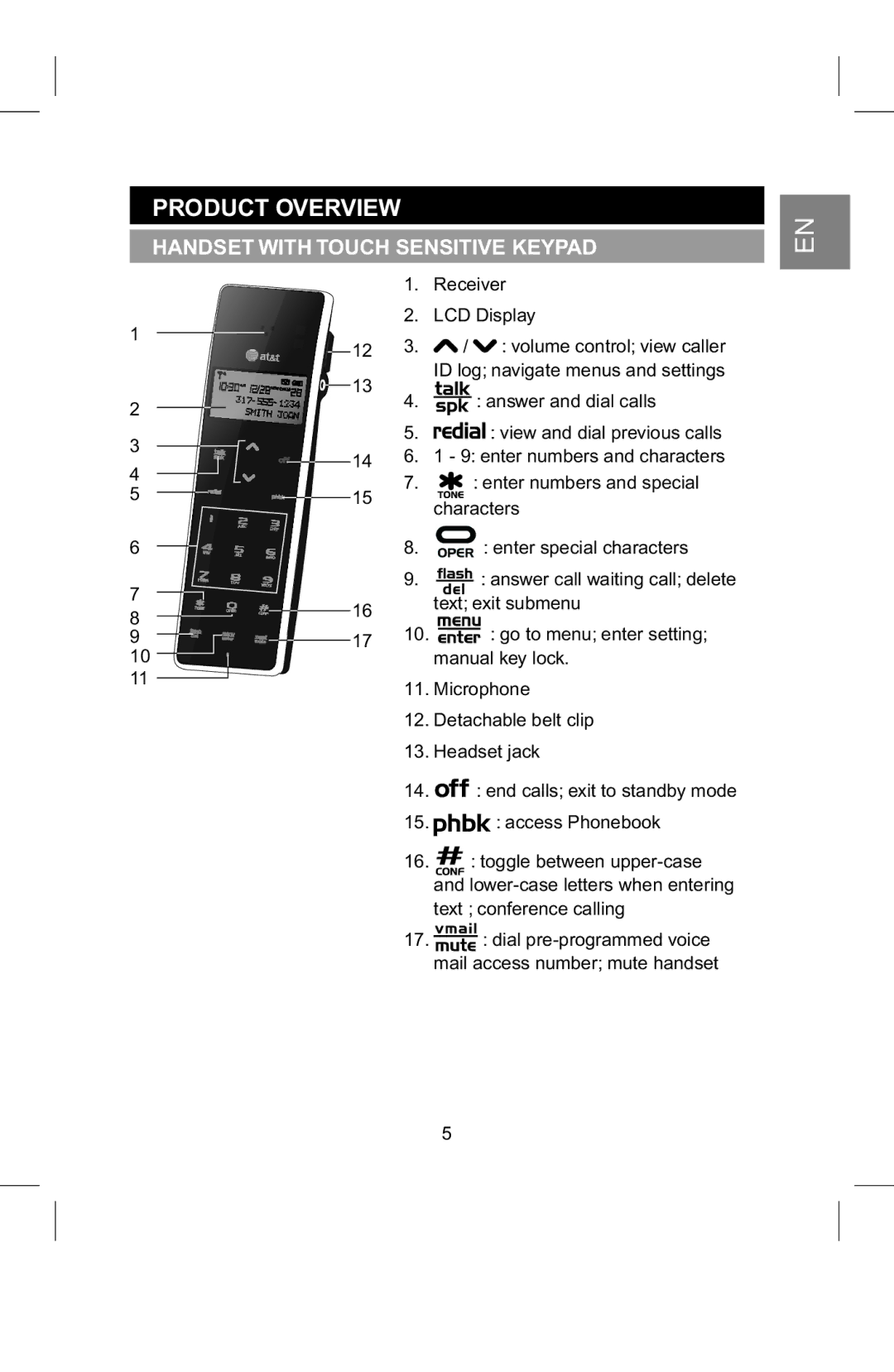 AT&T 2820 manual Product Overview, Handset with Touch Sensitive Keypad 