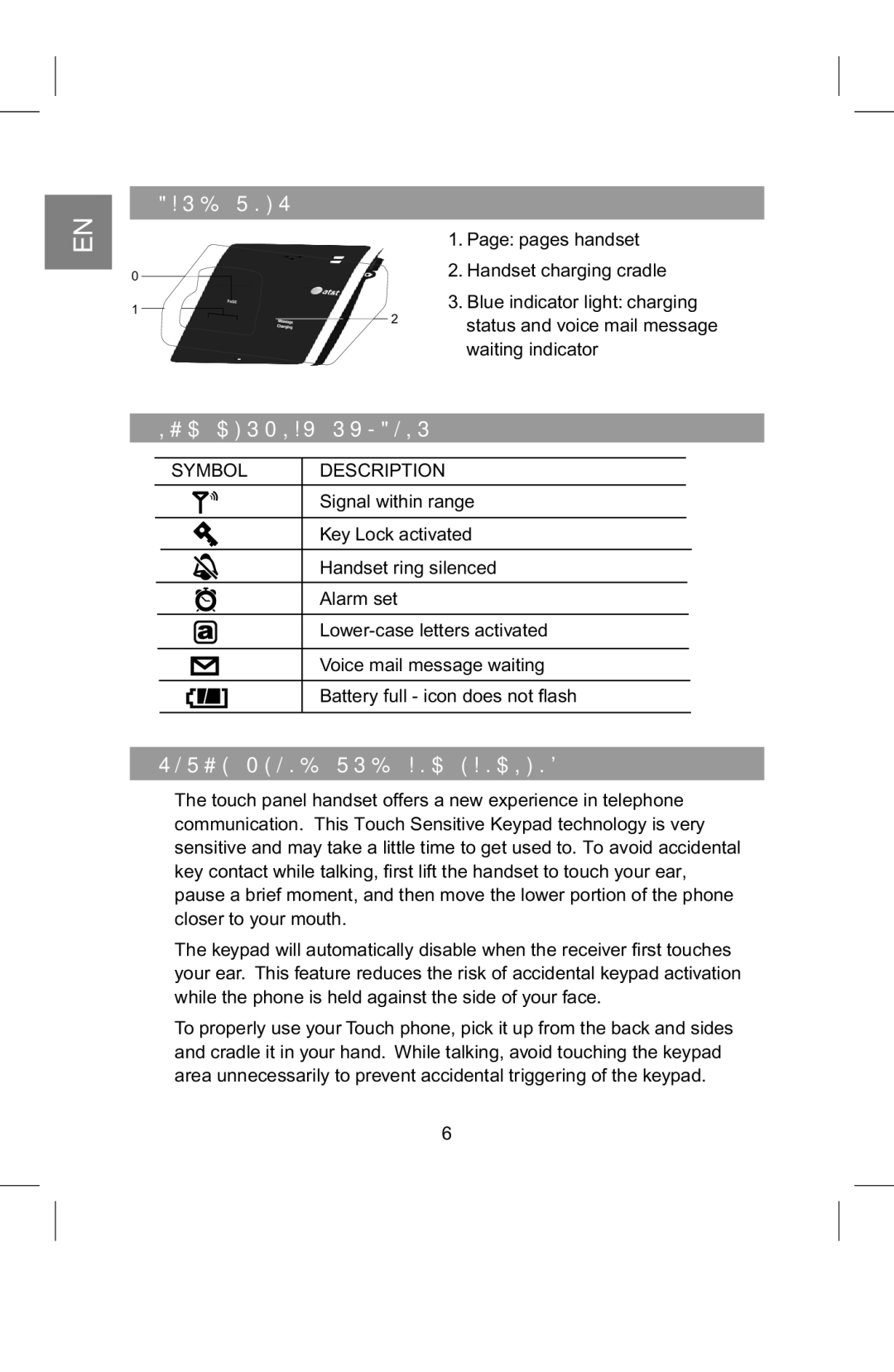 AT&T 2820 manual Base Unit, LCD Display Symbols, Touch Phone USE and Handling, Symbol Description 