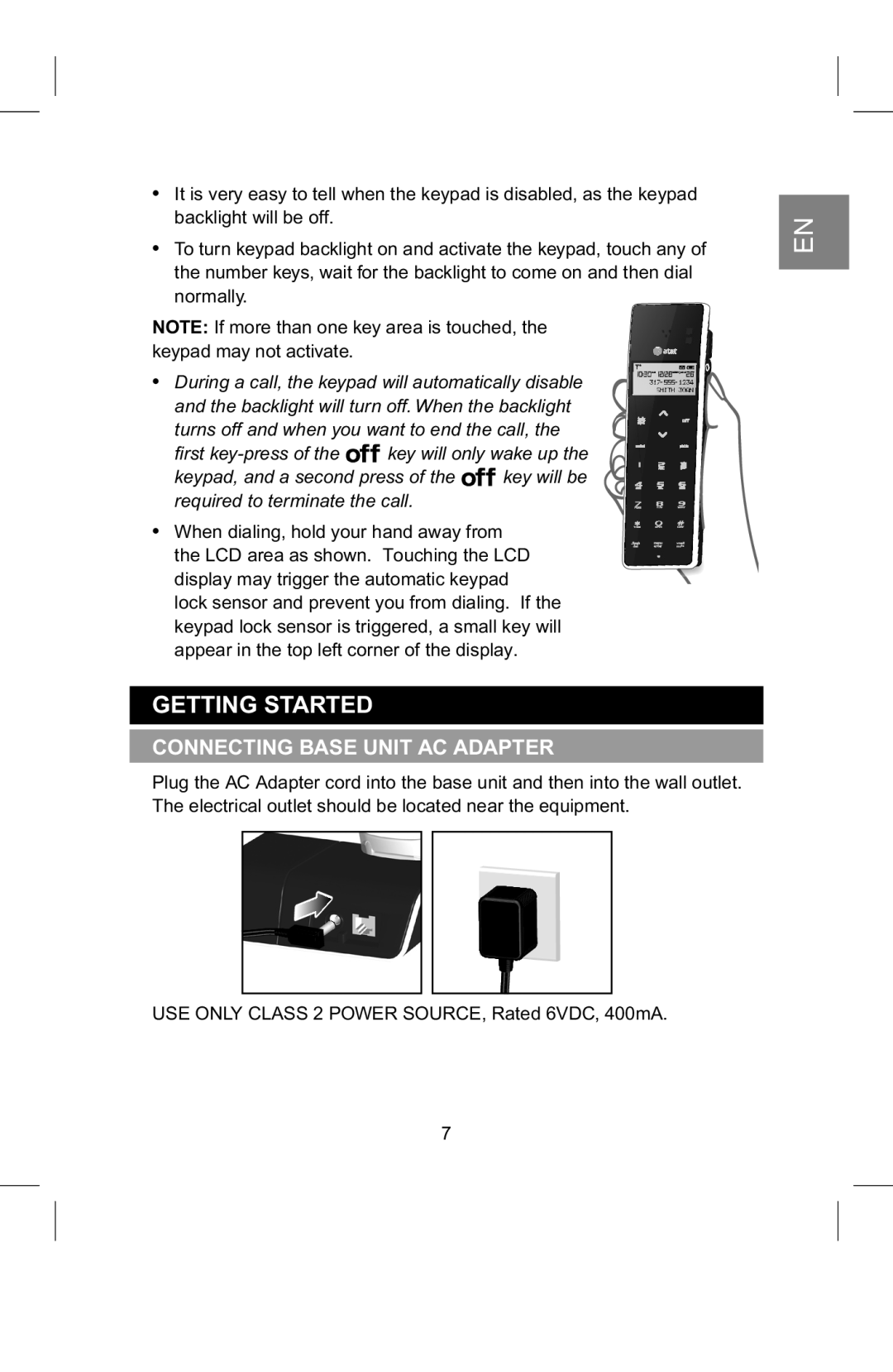 AT&T 2820 manual Getting Started, Connecting Base Unit AC Adapter 