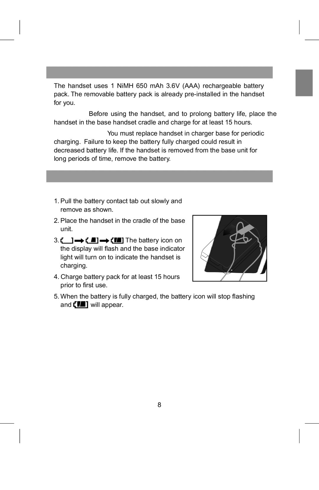 AT&T 2820 manual Activating and Charging the Handset Battery Pack, To activate and charge the handset battery pack 