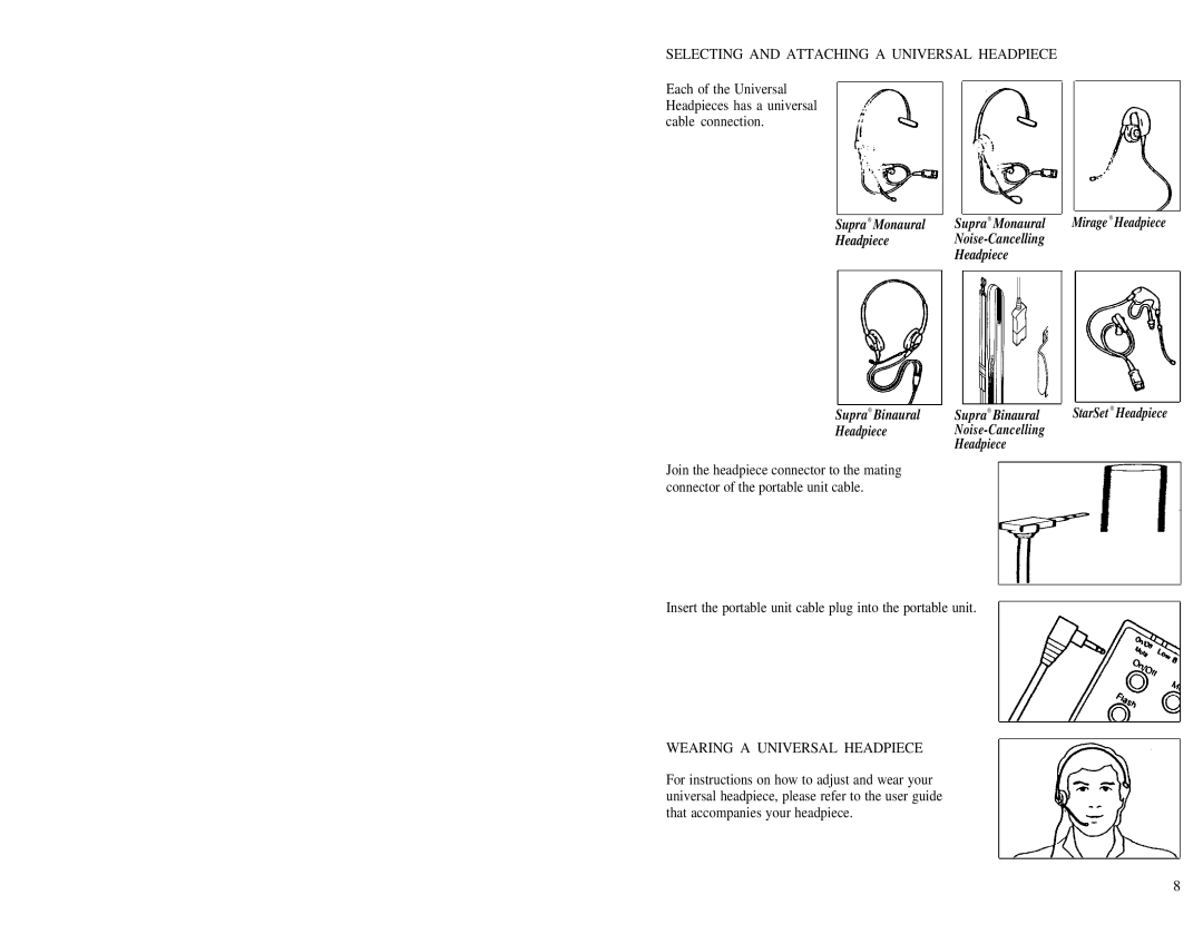 AT&T 2U20 manual Selecting and Attaching a Universal Headpiece, Wearing a Universal Headpiece 