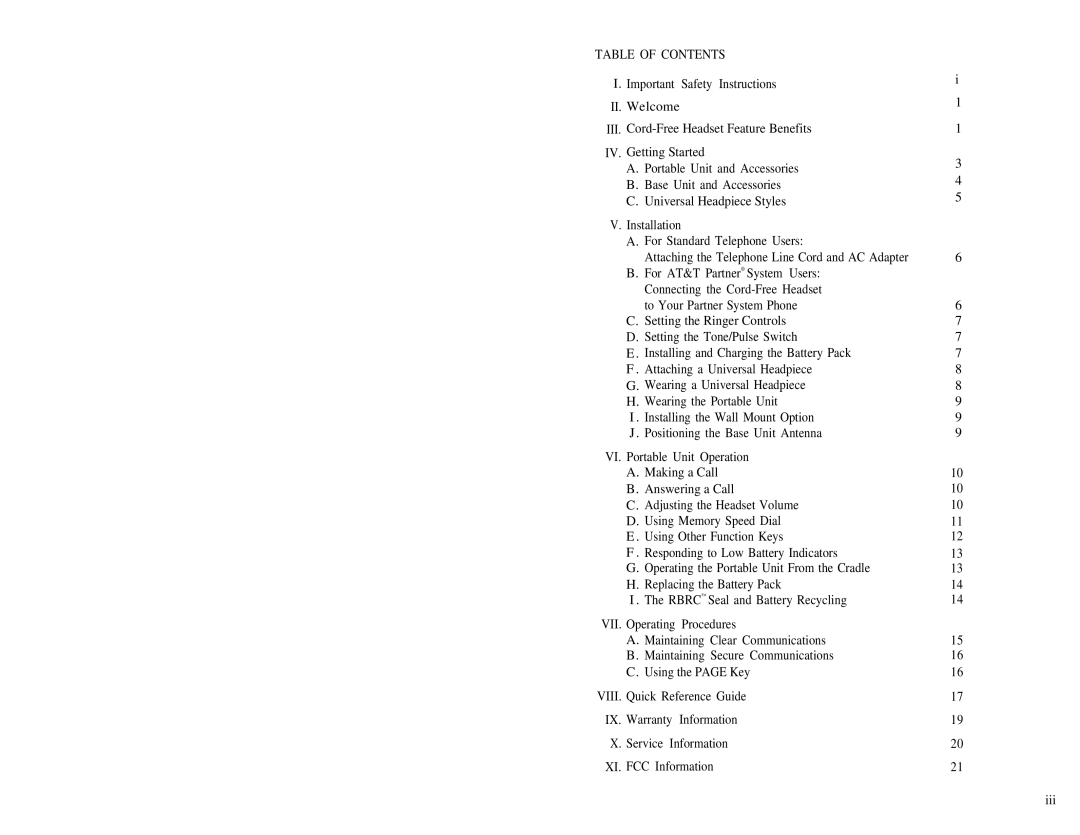 AT&T 2U20 manual Table of Contents 