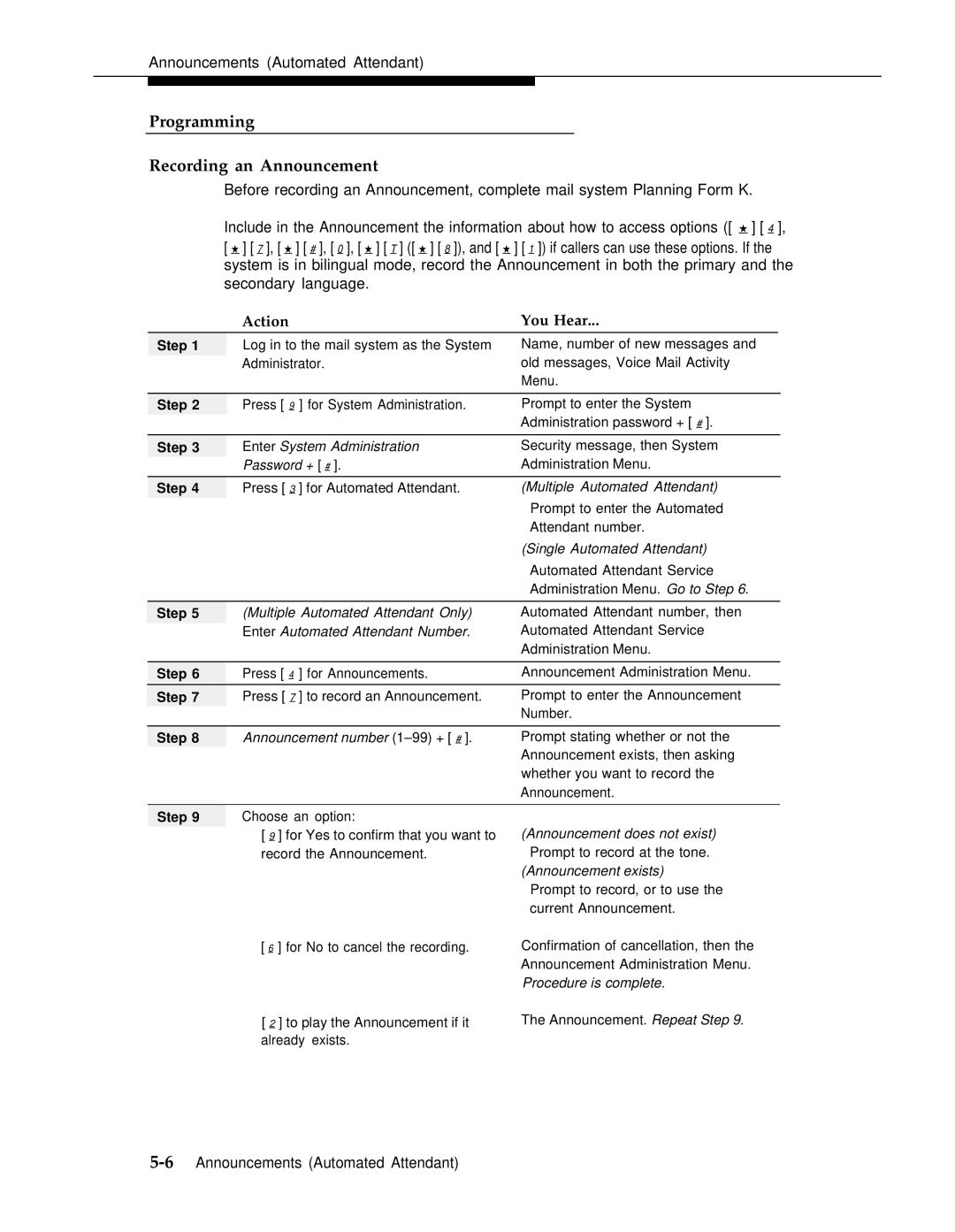 AT&T 3 manual Programming Recording an Announcement 