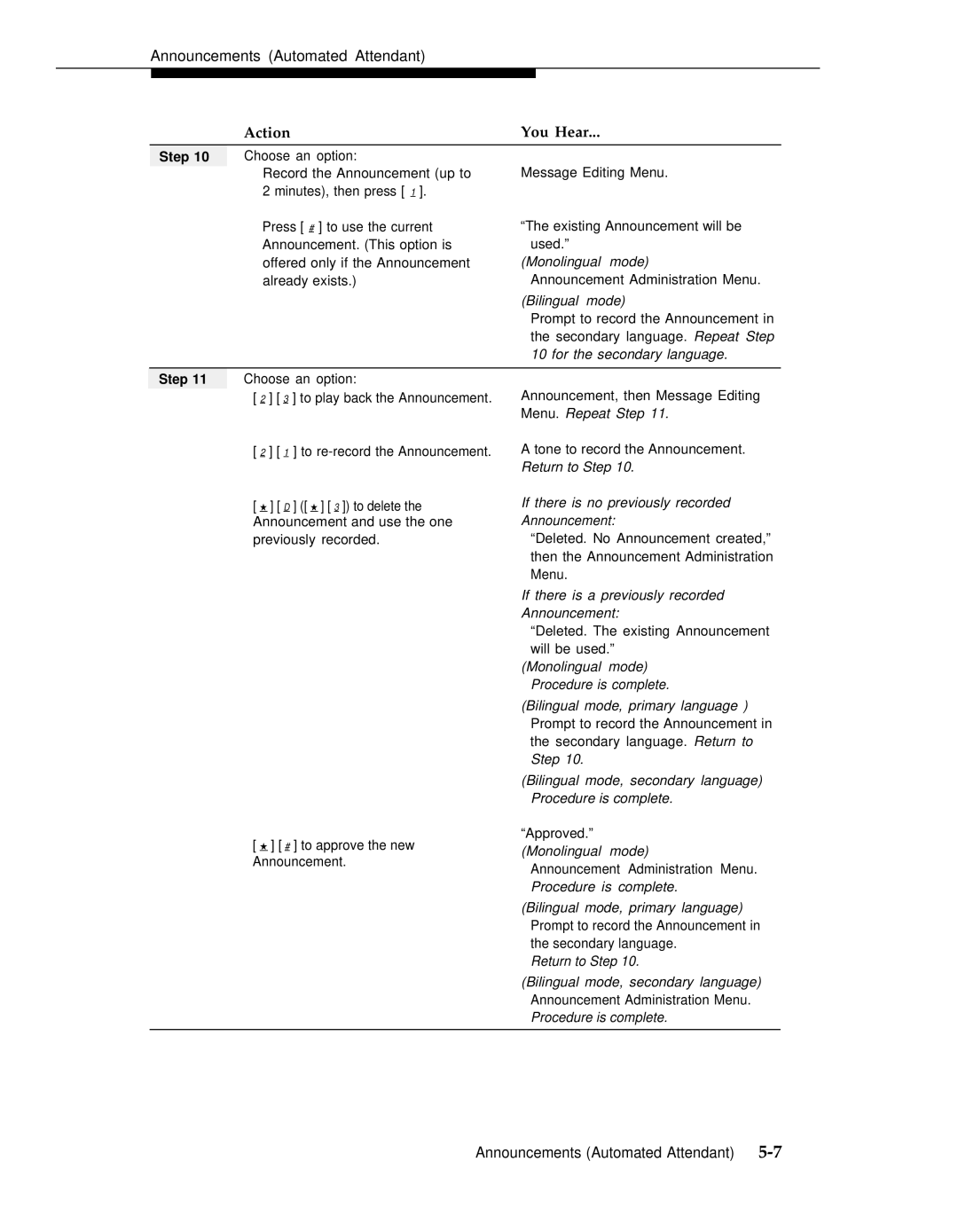 AT&T 3 manual Monolingual mode, Bilingual mode, For the secondary language, Menu. Repeat Step, Return to Step, Announcement 