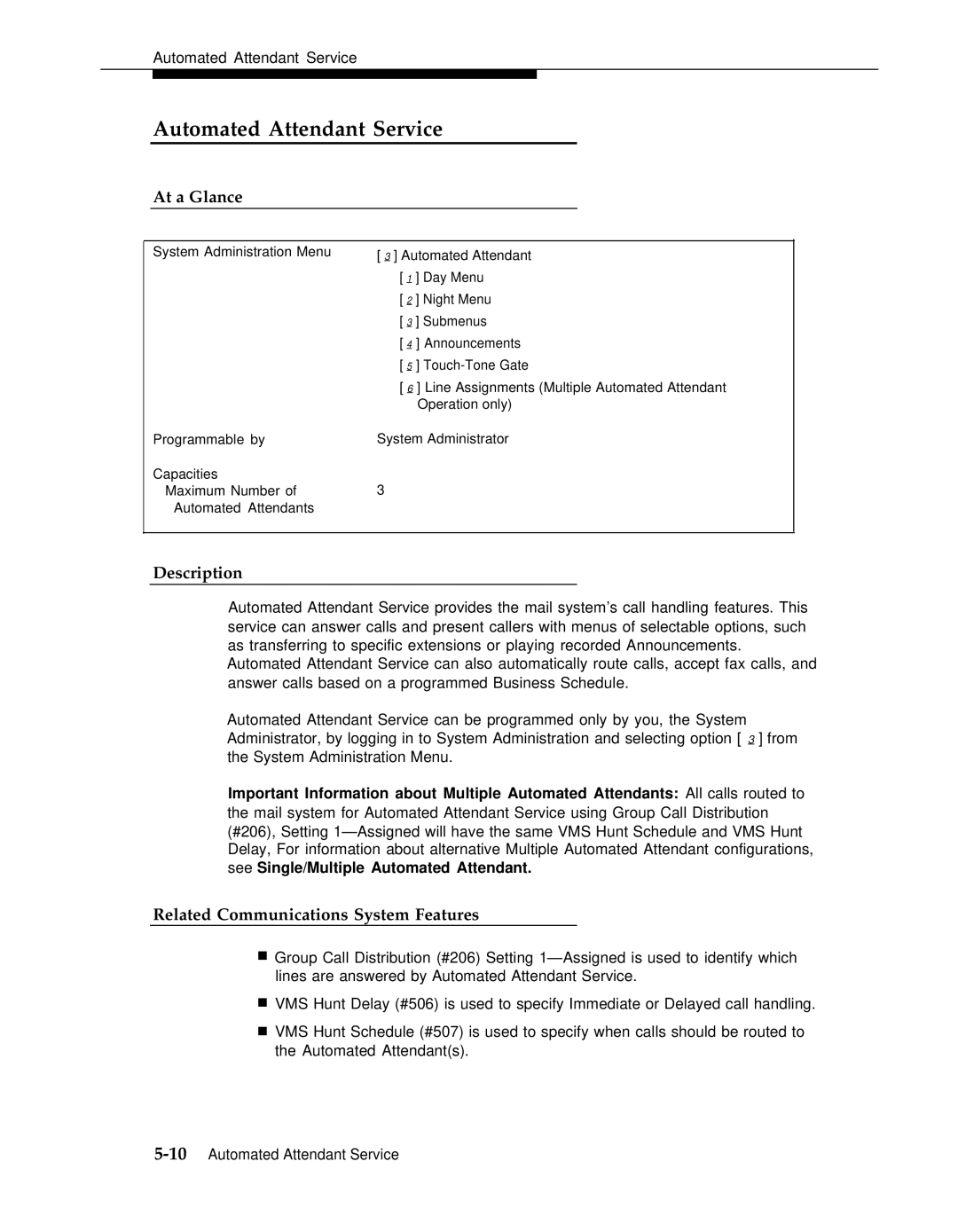 AT&T 3 manual Automated Attendant Service, Related Communications System Features 