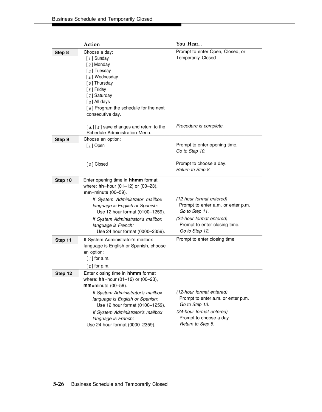 AT&T 3 manual 26Business Schedule and Temporarily Closed 