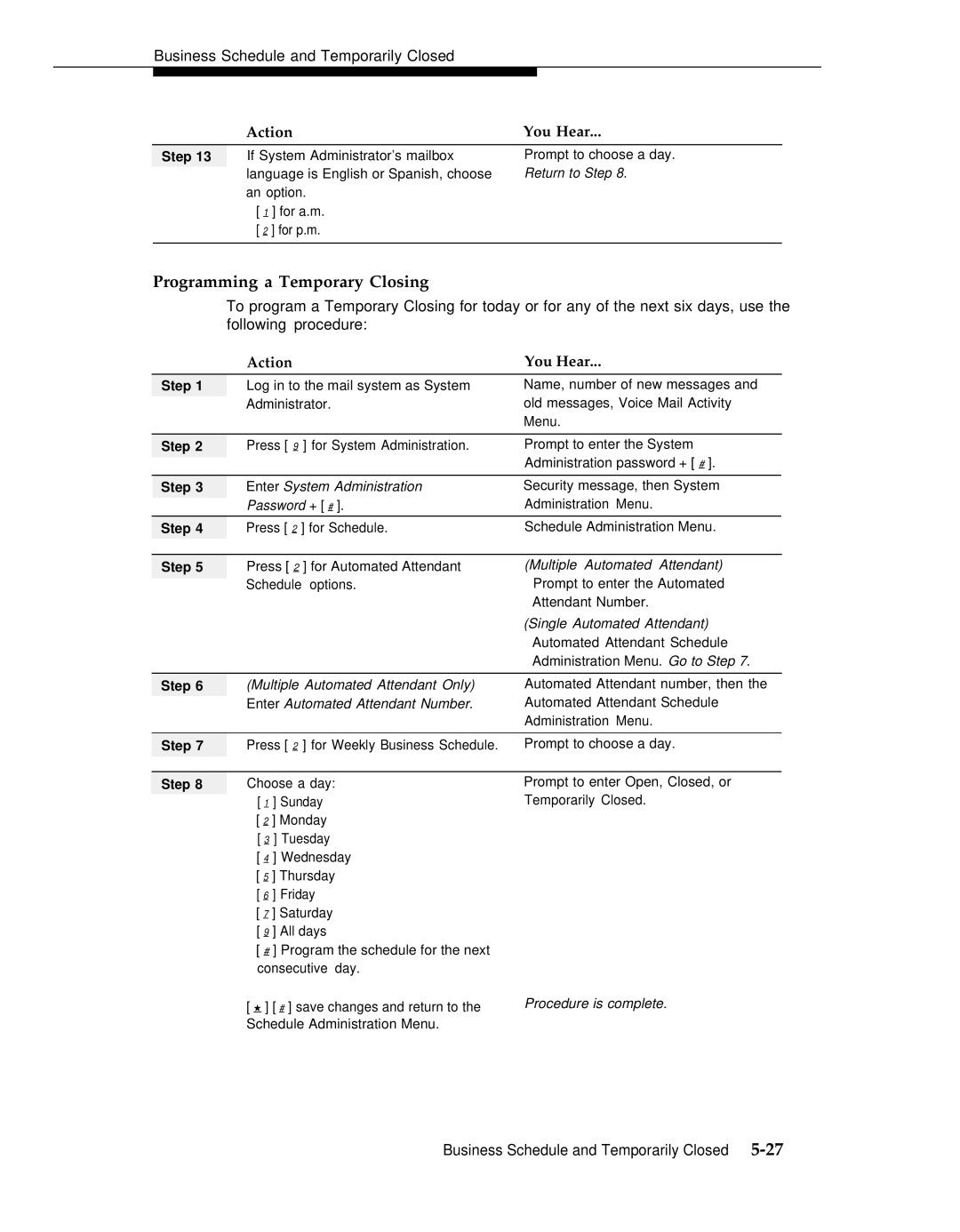 AT&T 3 manual Programming a Temporary Closing 