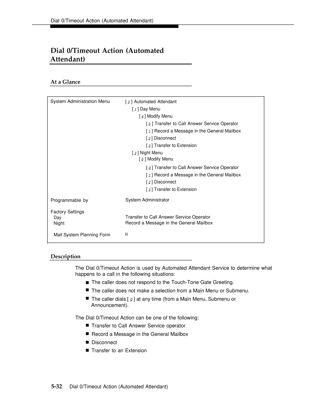 AT&T 3 manual Dial 0/Timeout Action Automated Attendant 