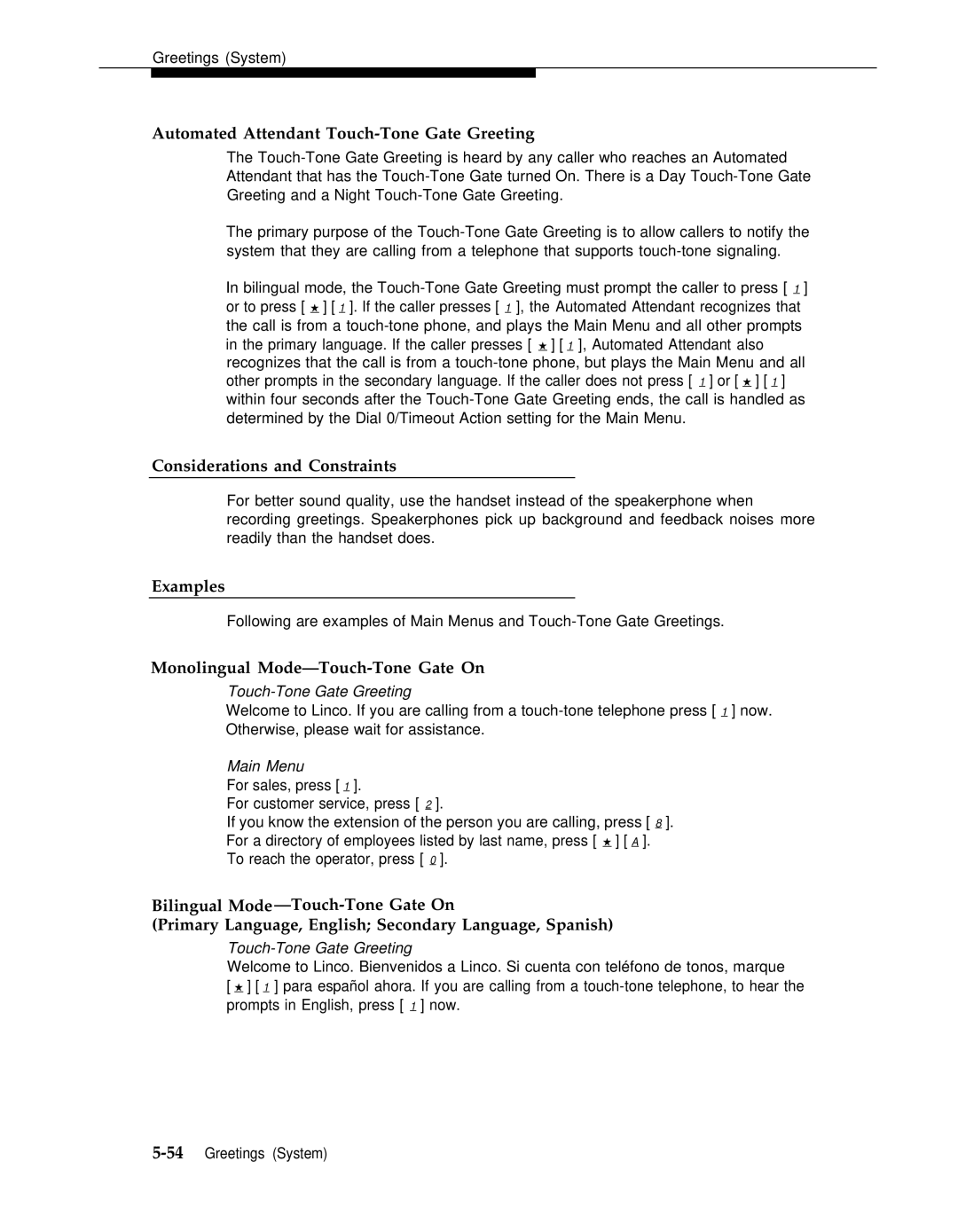 AT&T 3 manual Automated Attendant Touch-Tone Gate Greeting, Examples, Monolingual Mode-Touch-Tone Gate On 