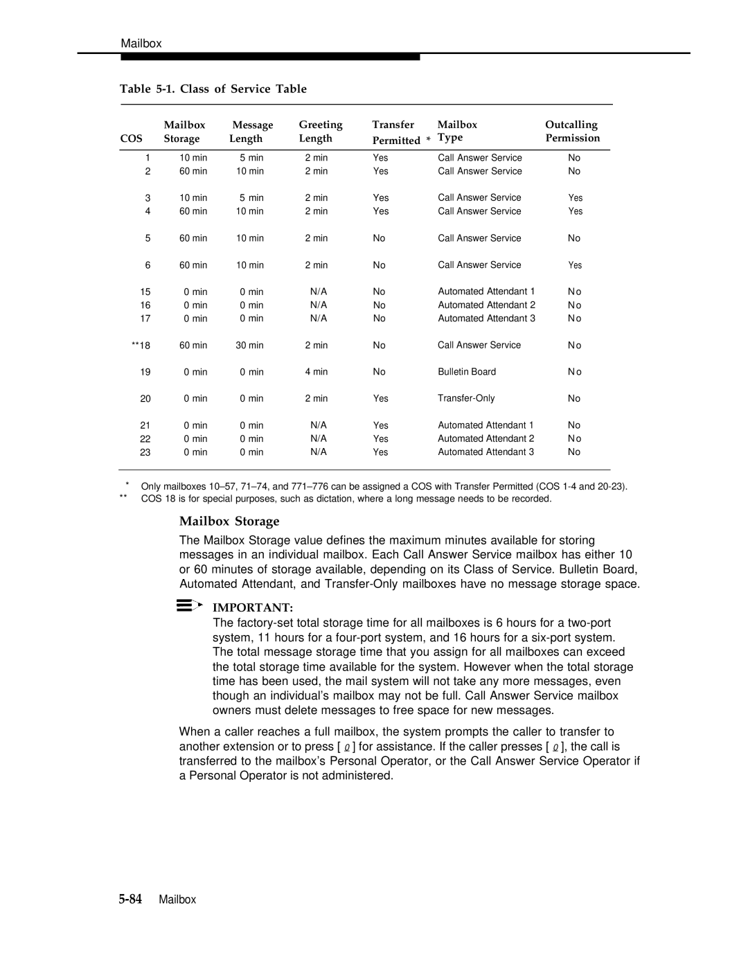 AT&T 3 manual Mailbox Storage, Class of Service Table 