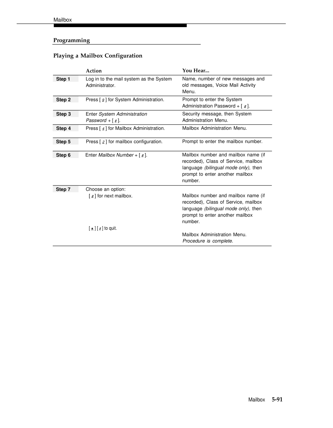 AT&T 3 manual Programming Playing a Mailbox Configuration, Enter Mailbox Number + # 