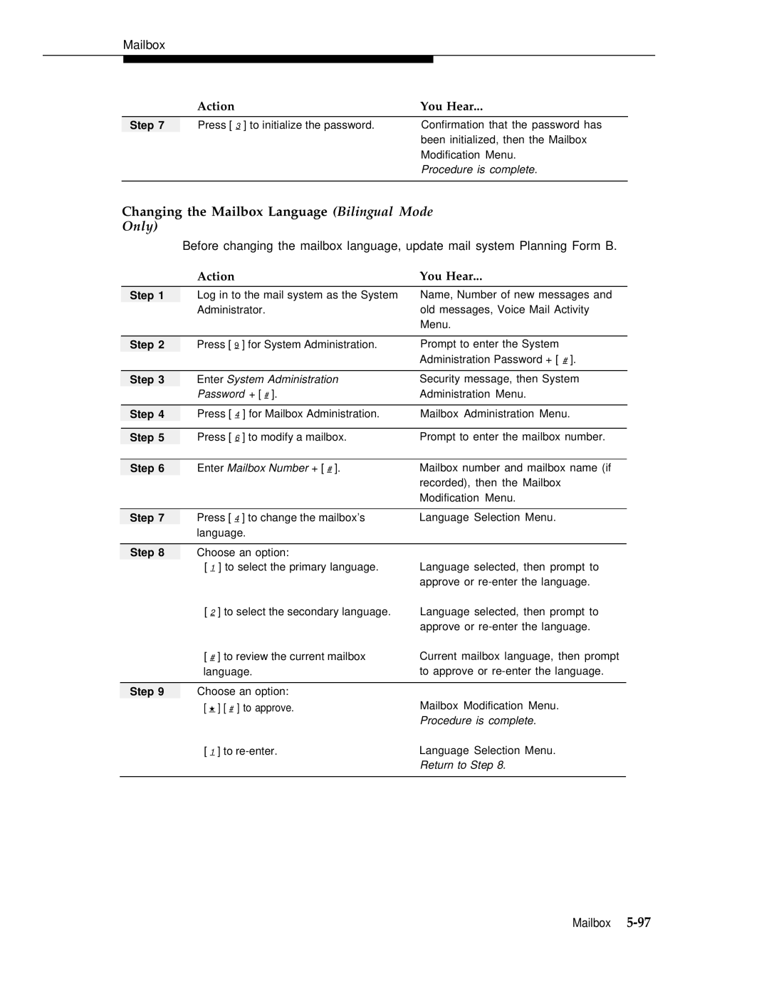 AT&T 3 manual Changing the Mailbox Language Bilingual Mode, Only 