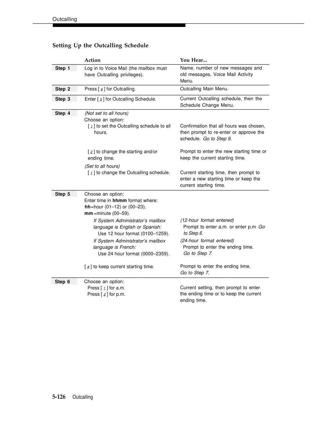 AT&T 3 manual Setting Up the Outcalling Schedule, Not set to all hours, Schedule. Go to Step, Set to all hours, To Step 