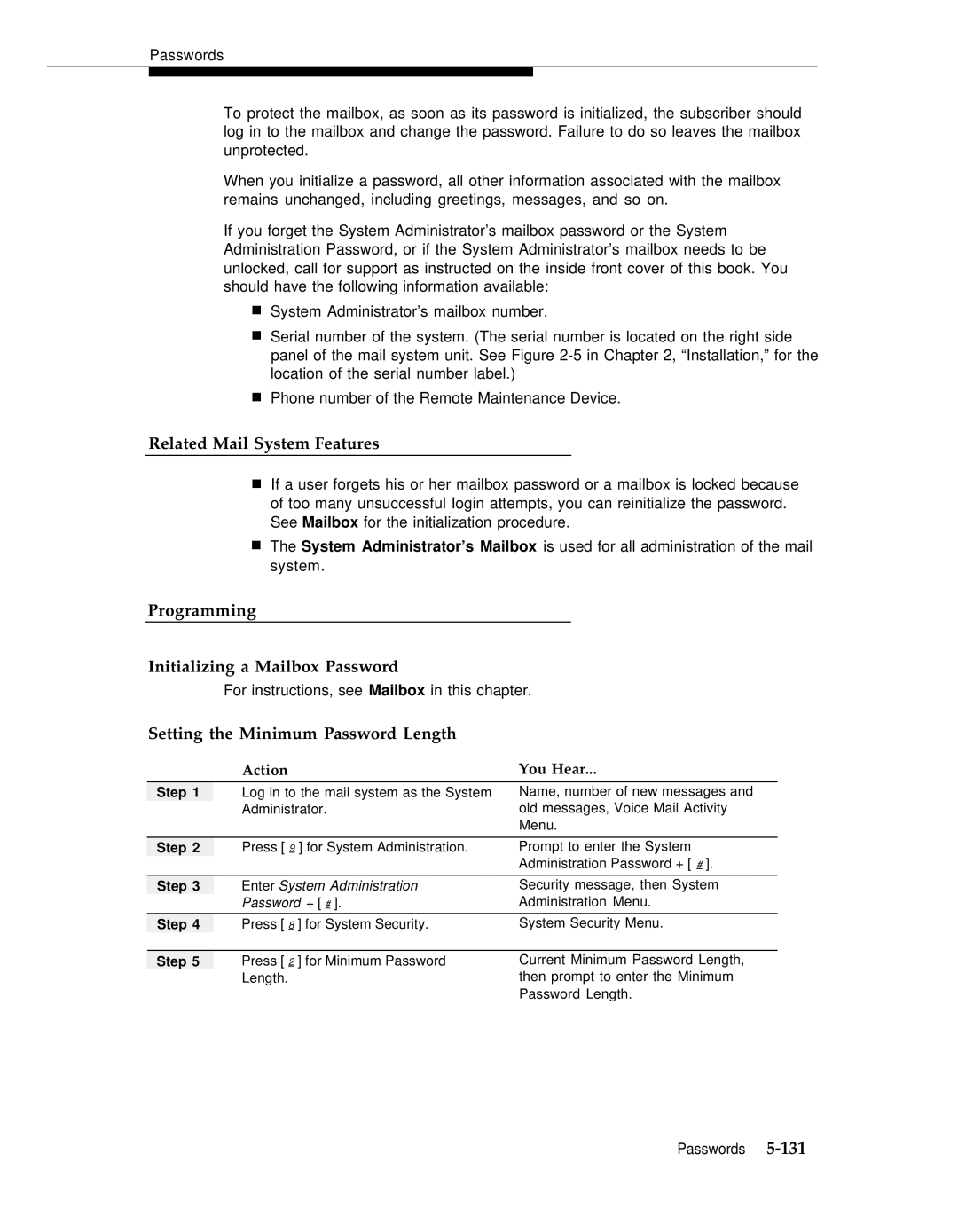 AT&T 3 manual Programming Initializing a Mailbox Password, Setting the Minimum Password Length 