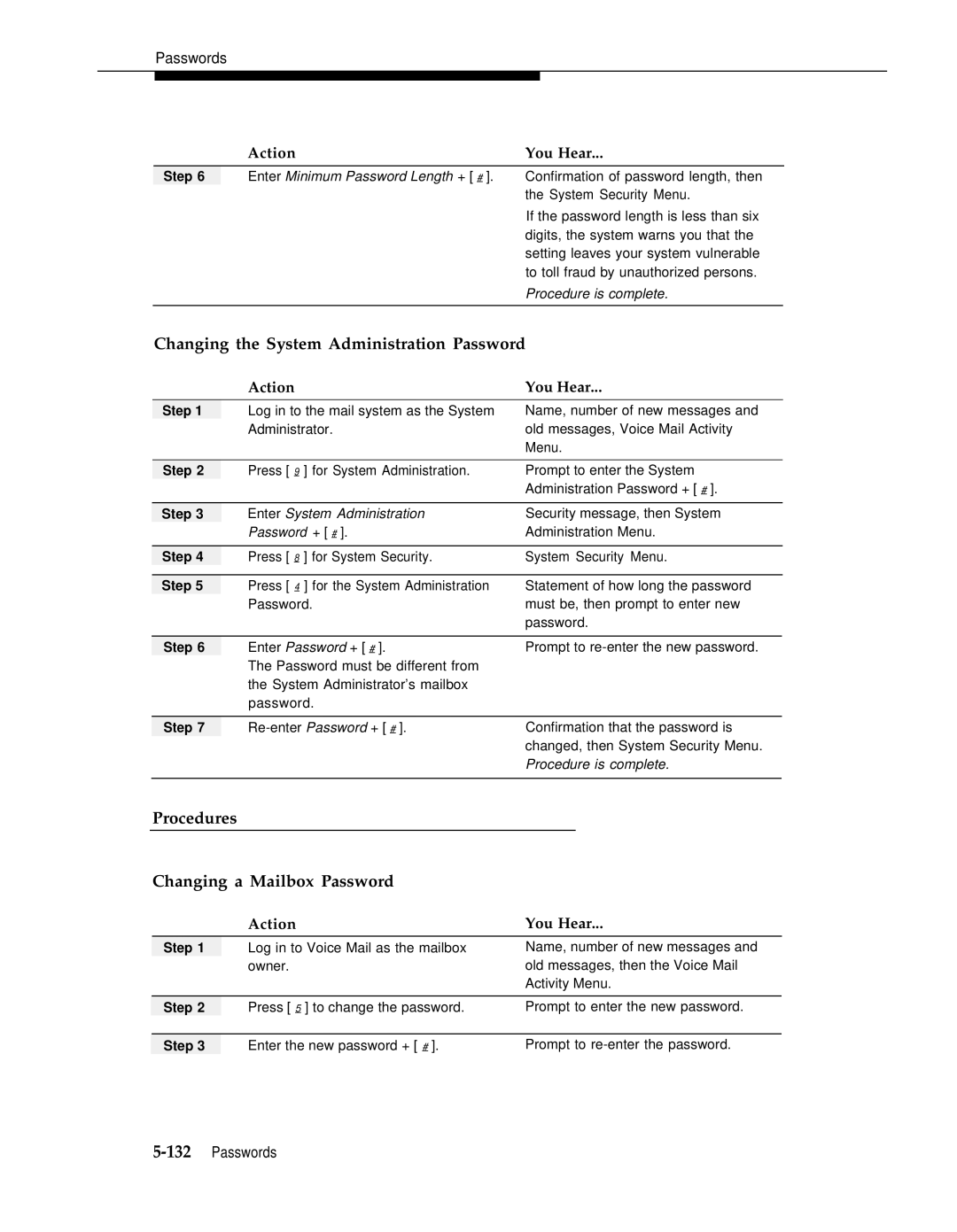 AT&T 3 manual Changing the System Administration Password, Procedures Changing a Mailbox Password 