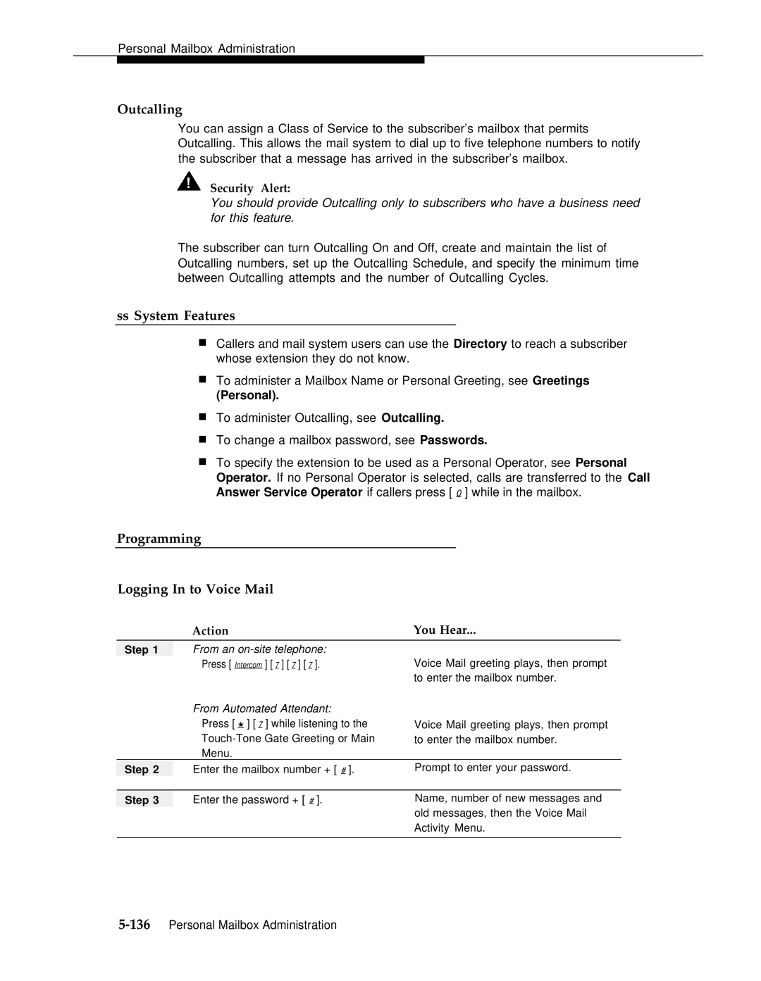 AT&T 3 manual Outcalling, Ss System Features, Programming Logging In to Voice Mail, From Automated Attendant 