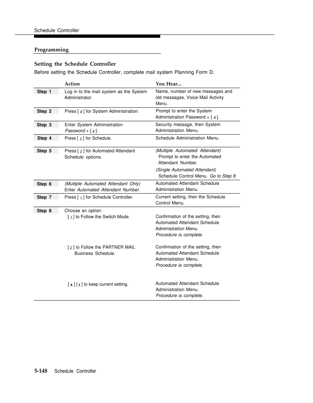 AT&T 3 manual Programming Setting the Schedule Controller, Enter System Administration 