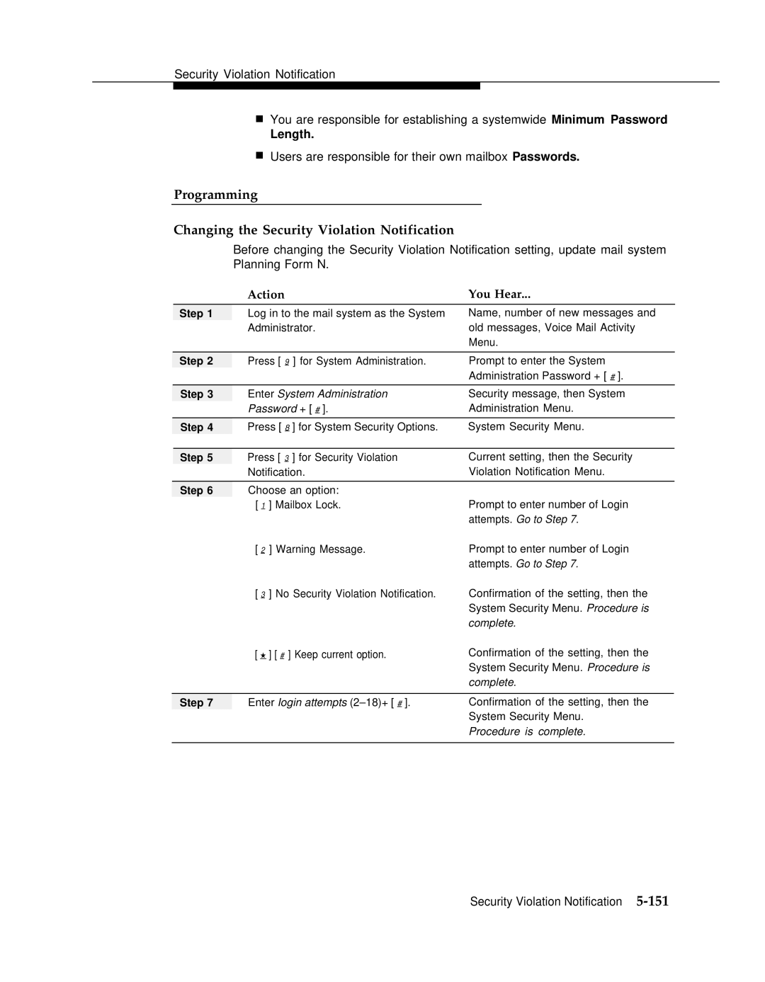 AT&T 3 manual Programming Changing the Security Violation Notification, Length, Attempts. Go to Step 