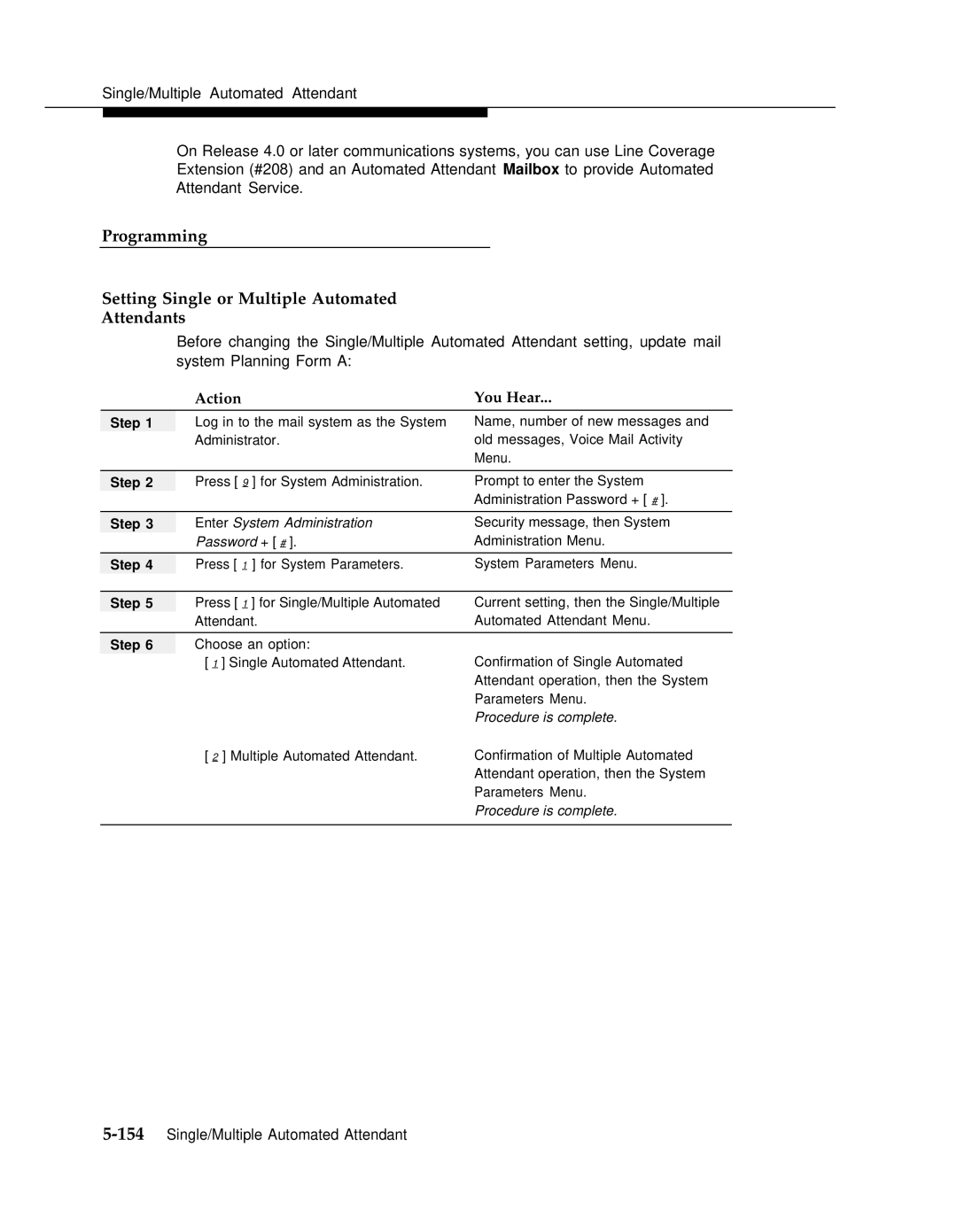 AT&T 3 manual Programming Setting Single or Multiple Automated Attendants, Enter System Administration 