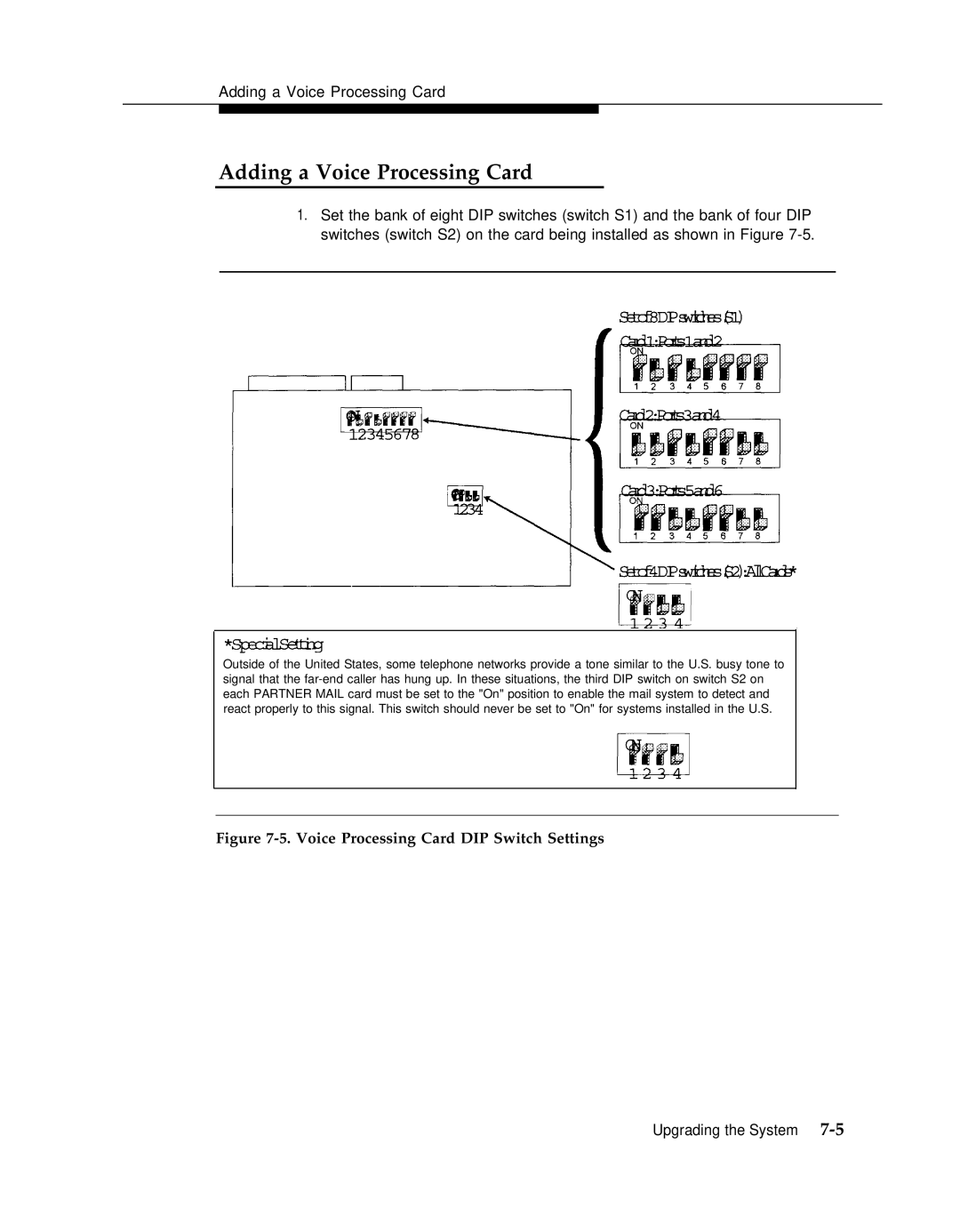 AT&T 3 manual Adding a Voice Processing Card, Voice Processing Card DIP Switch Settings 