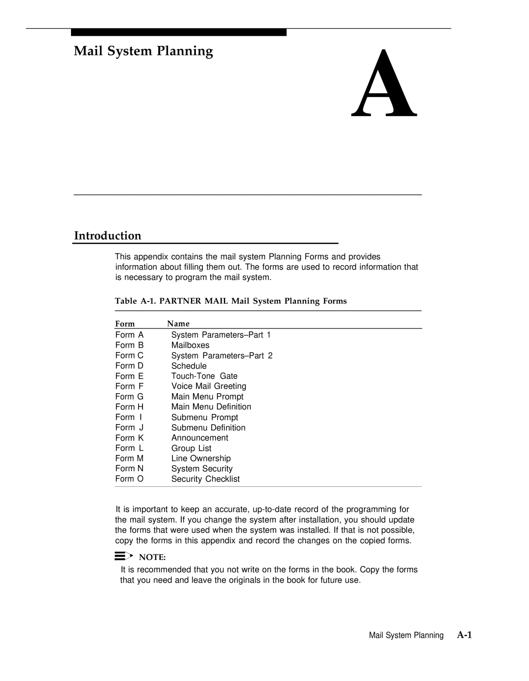 AT&T 3 manual Table A-1. Partner Mail Mail System Planning Forms Name 