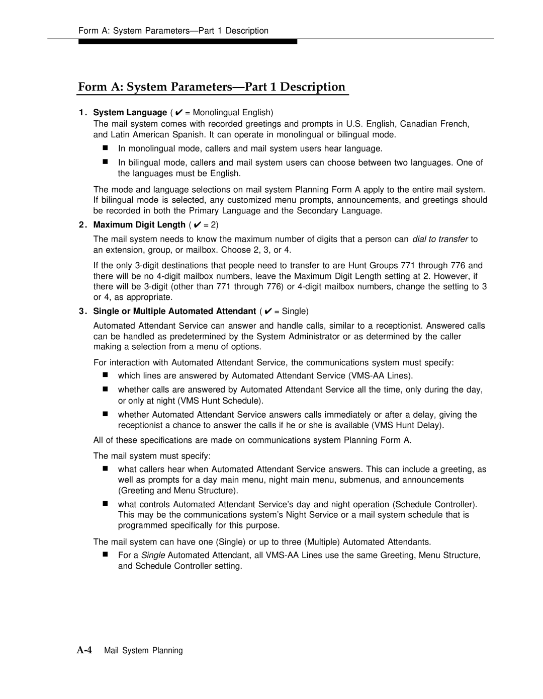 AT&T 3 manual Form a System Parameters-Part 1 Description, Maximum Digit Length = 