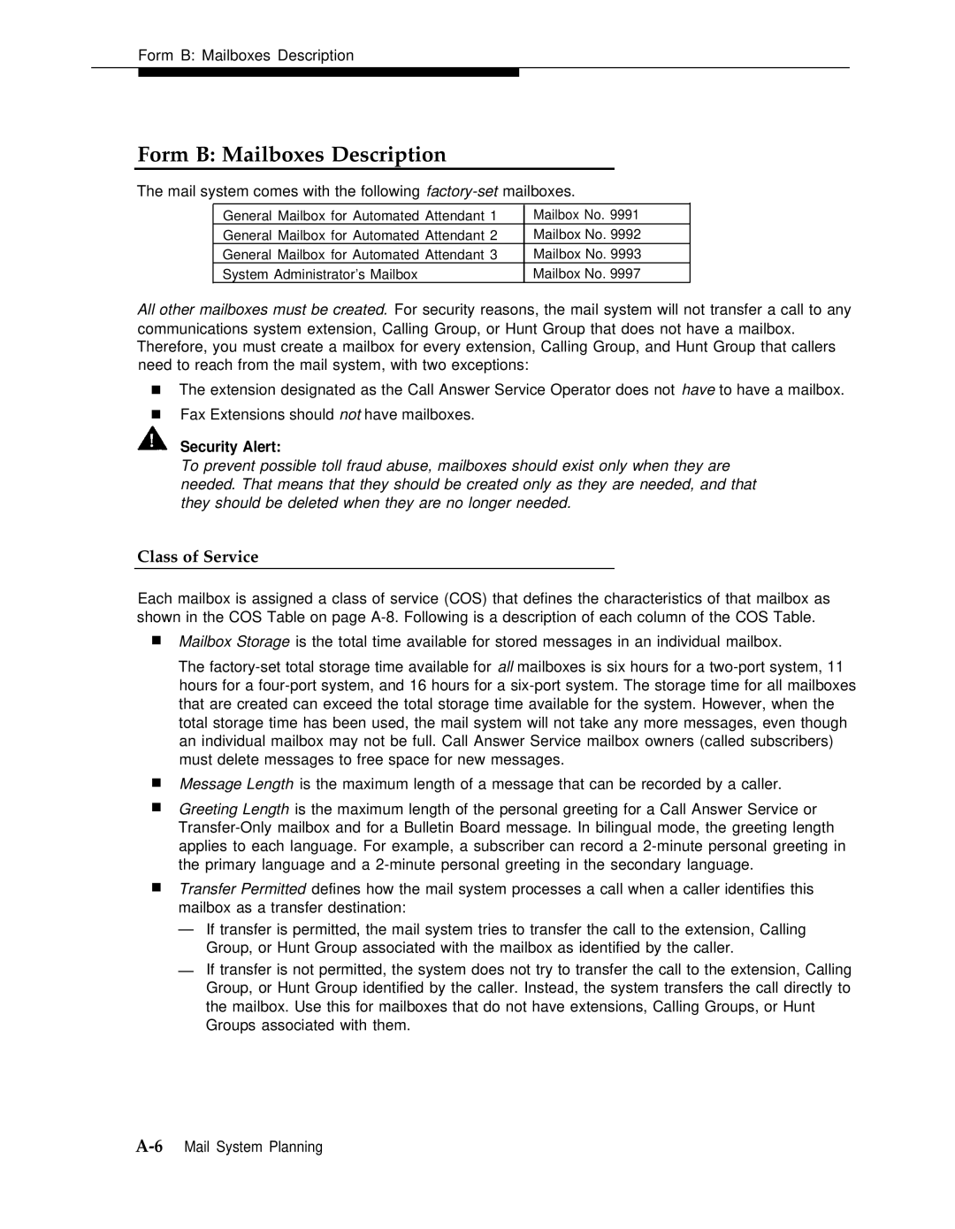 AT&T 3 manual Form B Mailboxes Description, Class of Service, Security Alert 