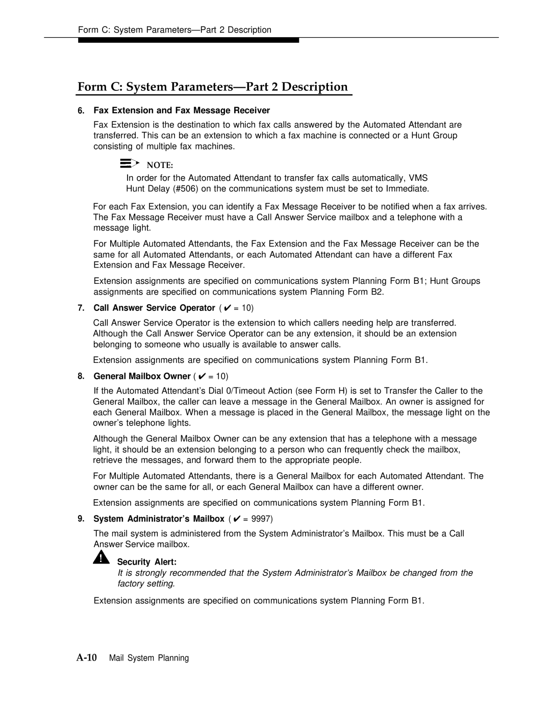 AT&T 3 manual Form C System Parameters-Part 2 Description, Call Answer Service Operator =, General Mailbox Owner = 