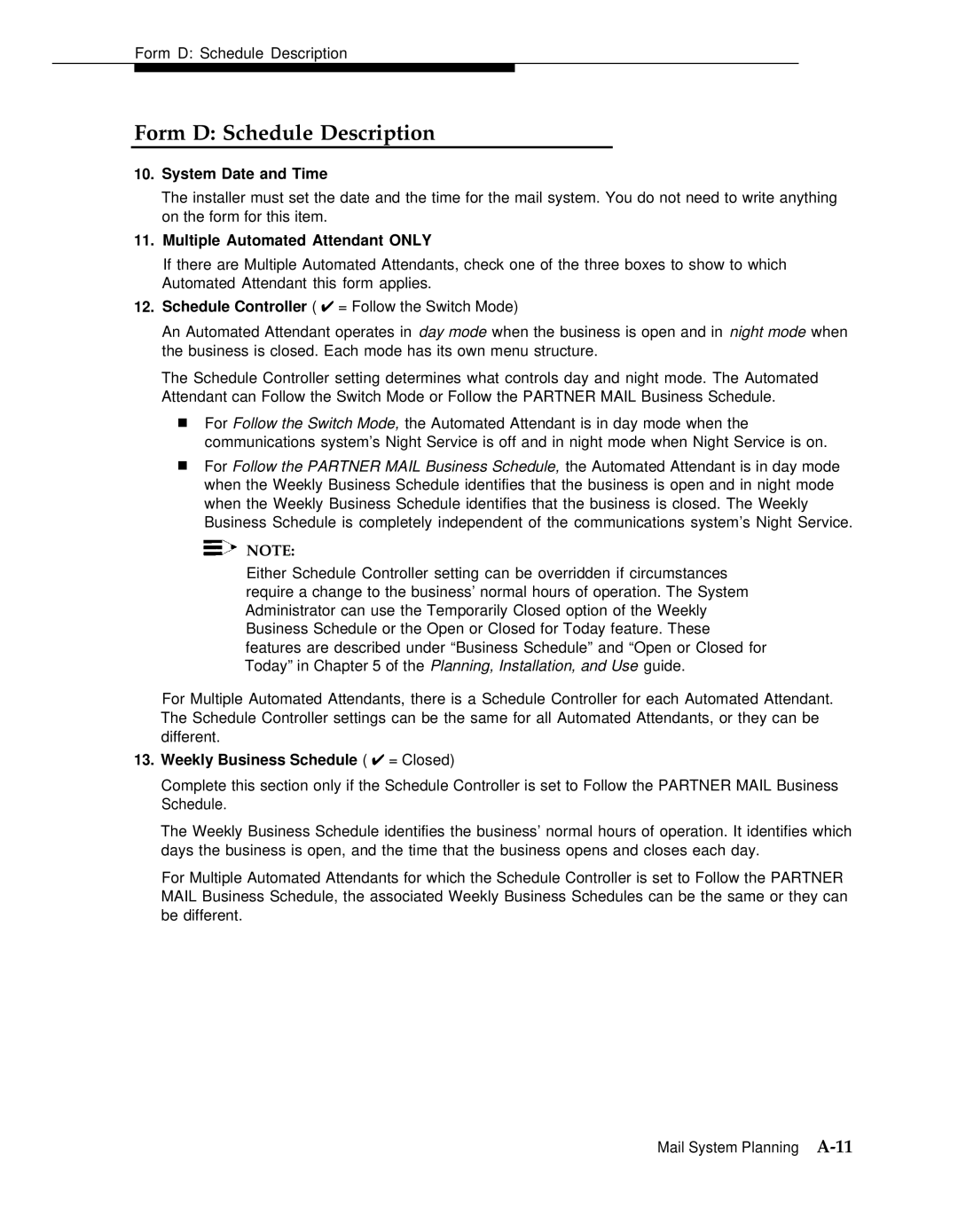 AT&T 3 manual Form D Schedule Description, System Date and Time, Multiple Automated Attendant only 