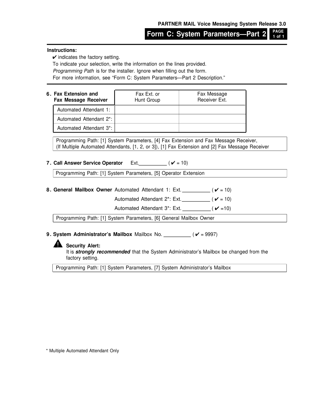 AT&T 3 manual Fax Extension, Fax Message Receiver, Call Answer Service Operator Ext 