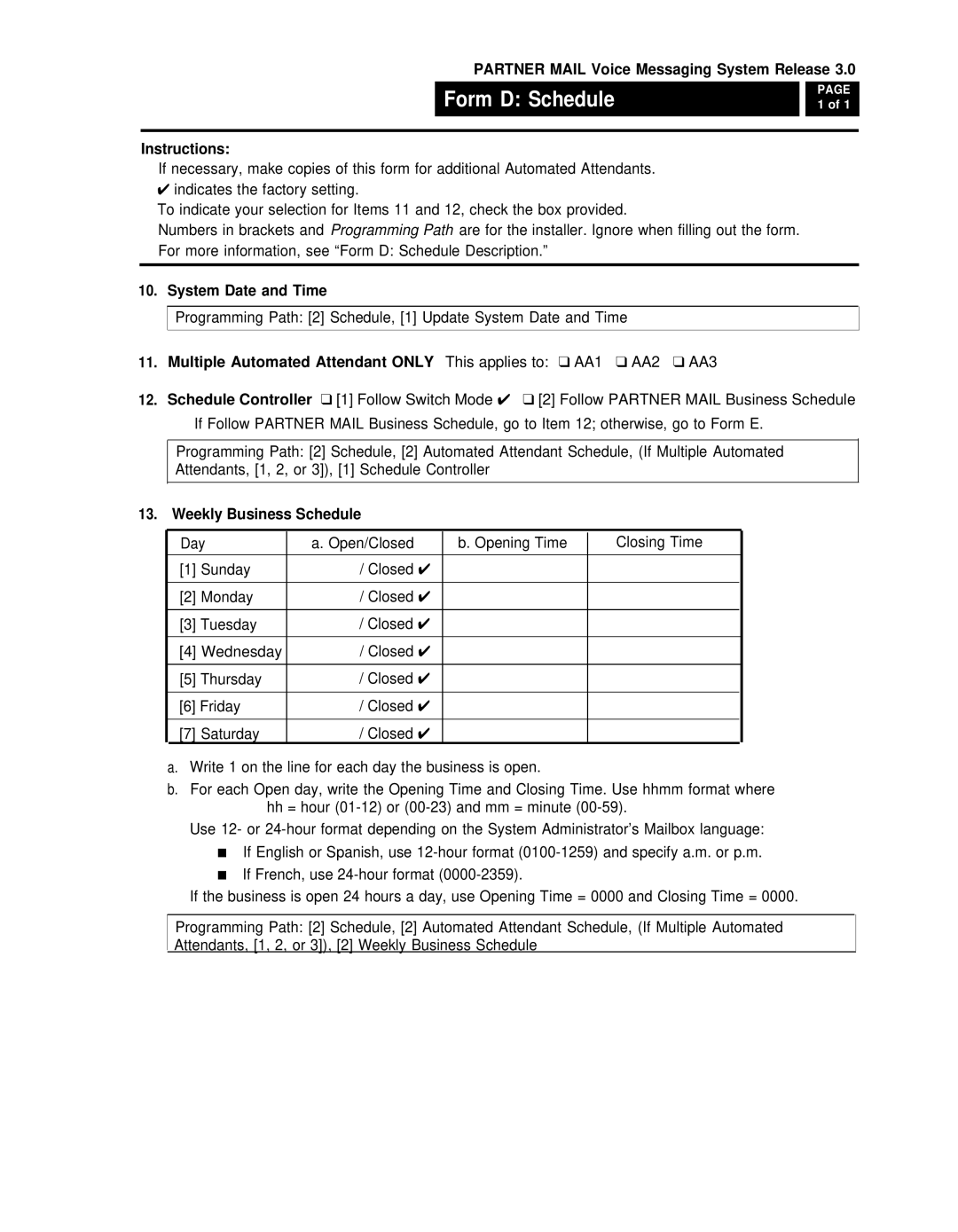 AT&T 3 manual Form D Schedule, Weekly Business Schedule 