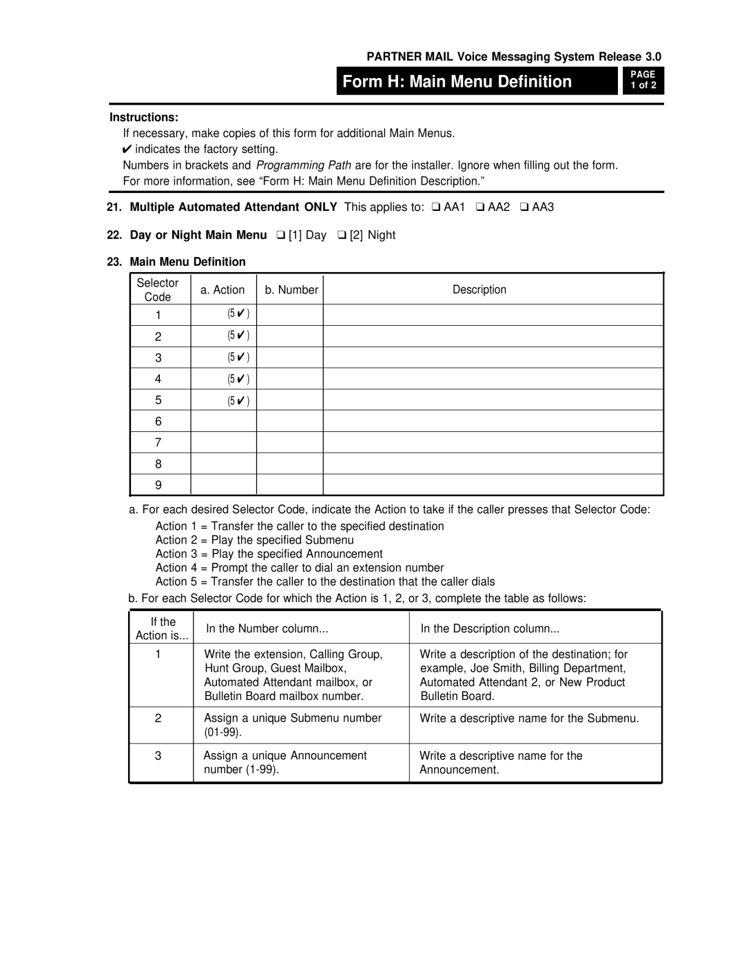 AT&T 3 manual Form H Main Menu Definition 