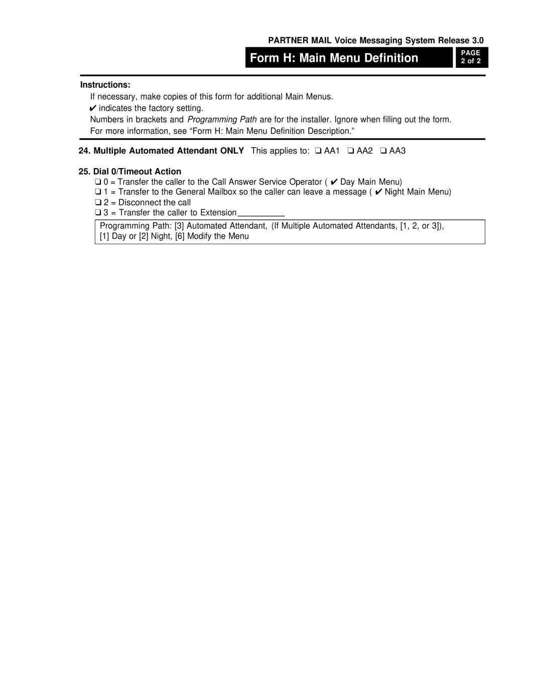 AT&T 3 manual Form H Main Menu Definition 