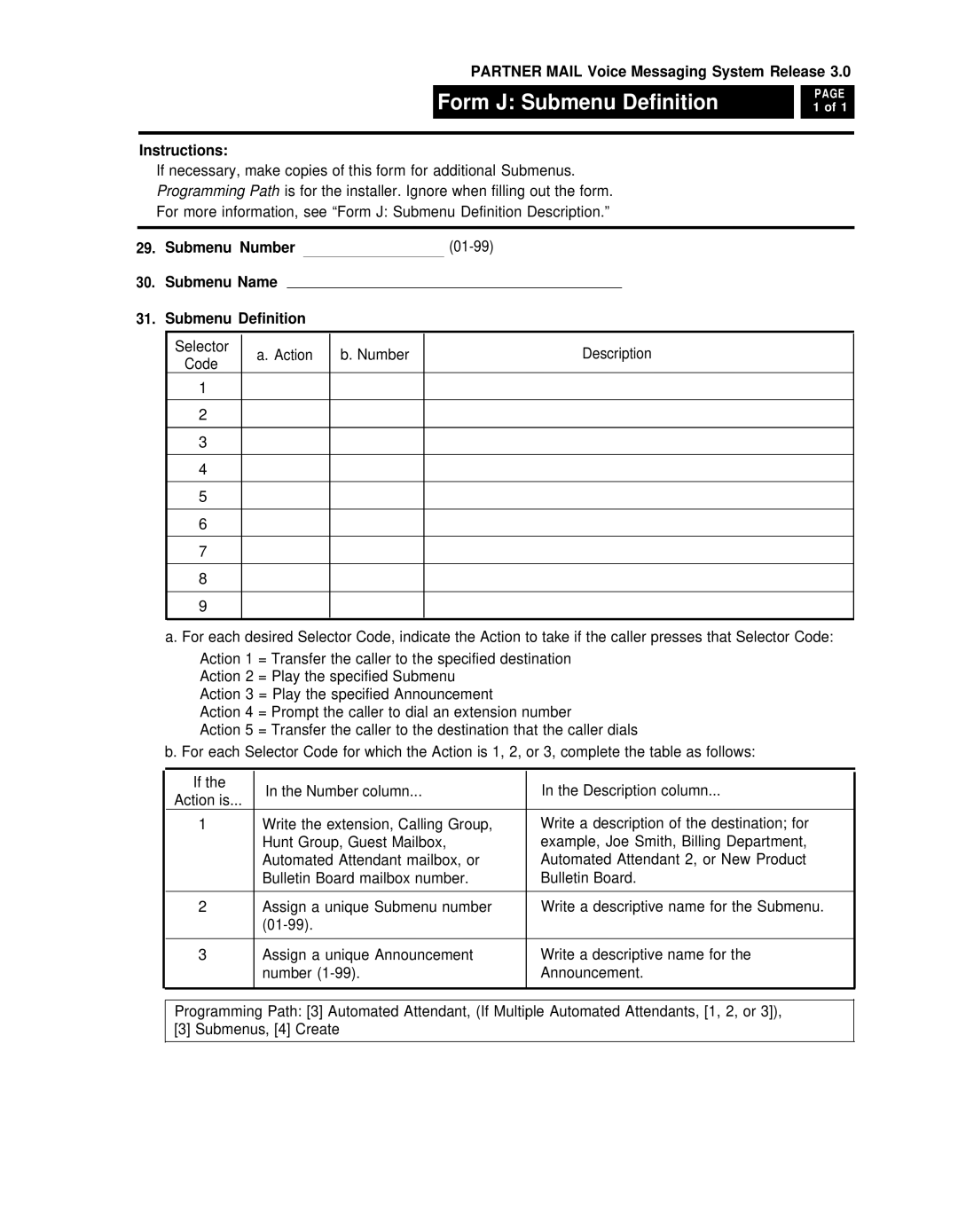 AT&T 3 manual Form J Submenu Definition, Submenu Number 01-99 Submenu Name Submenu Definition 