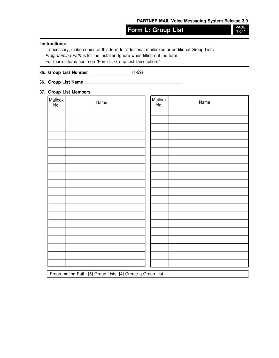 AT&T 3 manual Form L Group List, Group List Number Group List Name Group List Members 