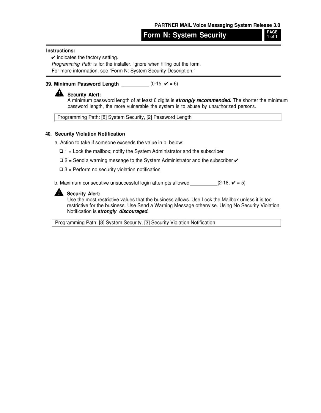 AT&T 3 manual Form N System Security, Minimum Password Length 