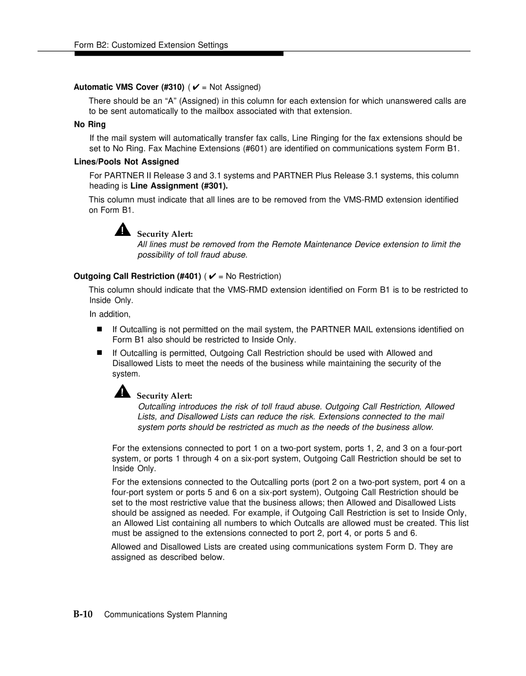 AT&T manual Automatic VMS Cover #310 = Not Assigned, No Ring, Lines/Pools Not Assigned 