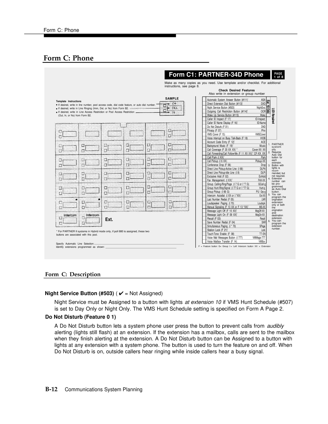 AT&T manual Form C Phone, Form C Description, Night Service Button #503 = Not Assigned, Do Not Disturb Feature 0 