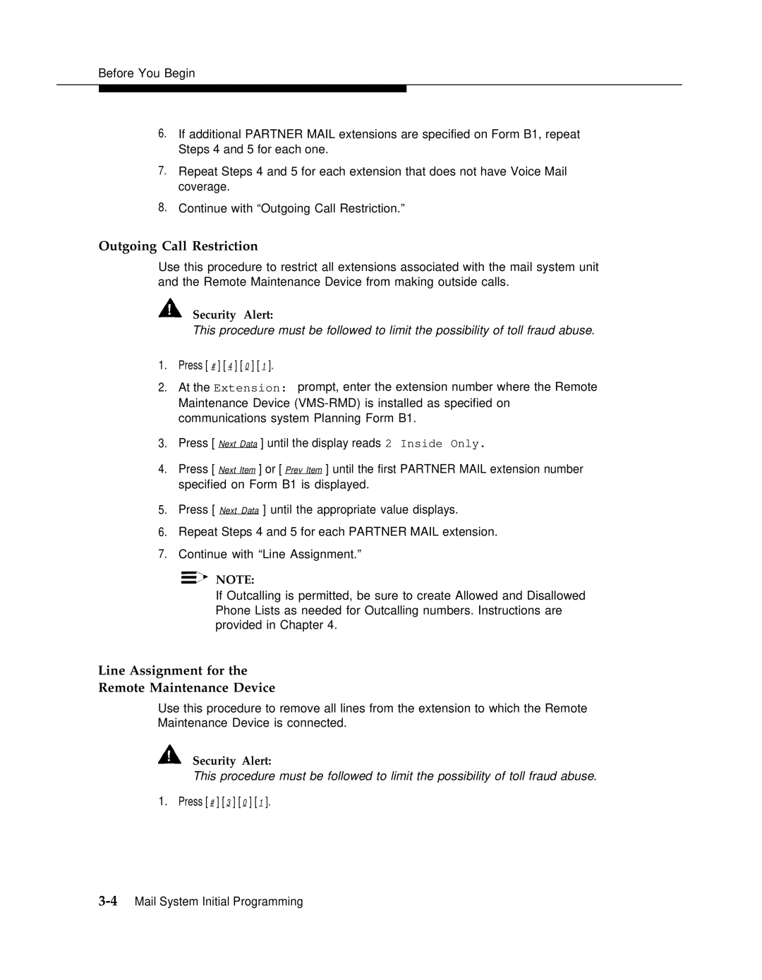 AT&T 3 manual Outgoing Call Restriction, Line Assignment for Remote Maintenance Device 