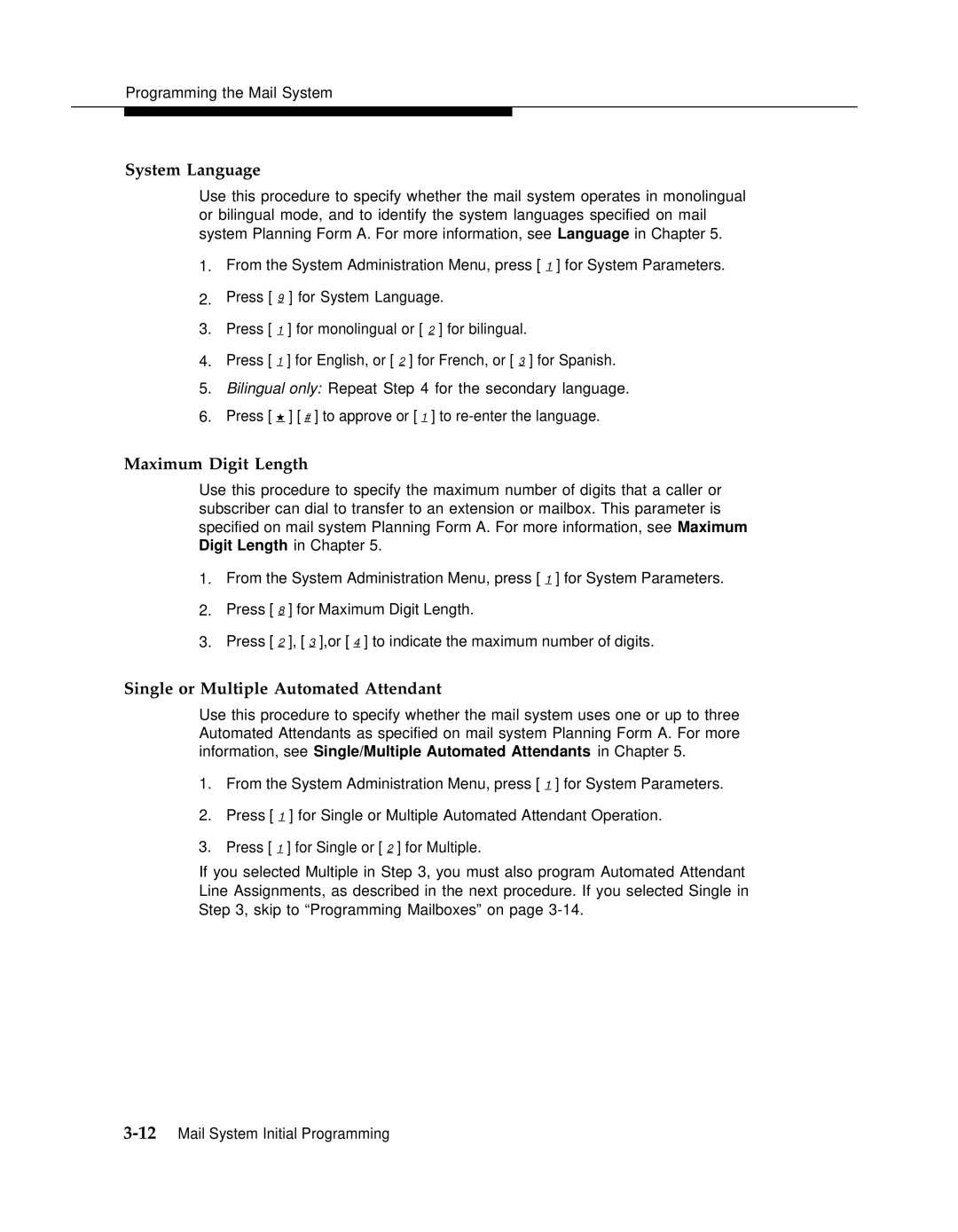 AT&T 3 manual System Language, Maximum Digit Length, Single or Multiple Automated Attendant 